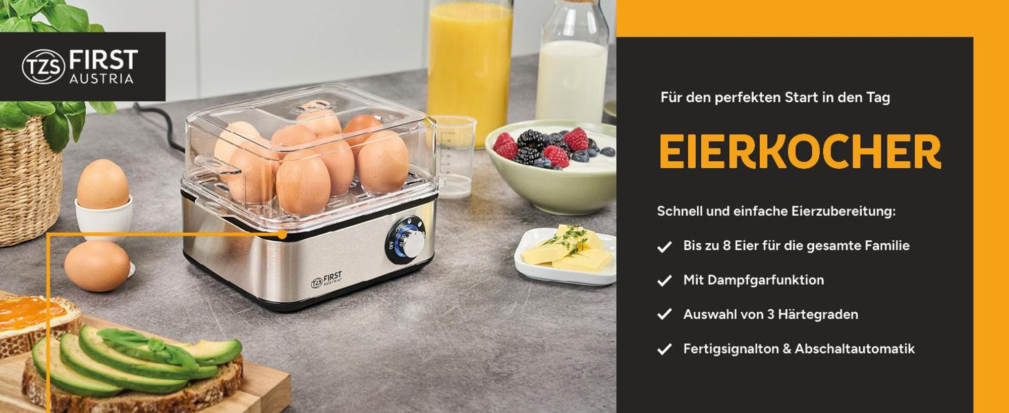 TZS First Austria Eierkocher, 8 Eier, 4 Kochstufen, Dampfgarfunktion, Abschaltung mit Signalton, Trockenkochschutz, Pochierschale, Kompakt