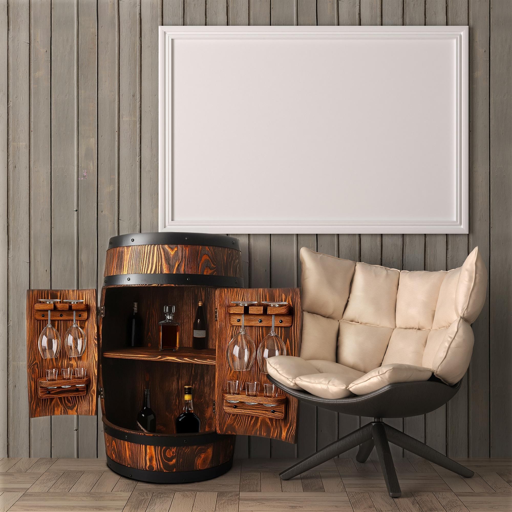 Holzbar Fass 80x55 cm – Massiver Holz Barschrank für Alkohol, Wein & Whisky mit Glashaltern | Handgefertigt in EU | Premium Bar Möbel Loft & Rustikal