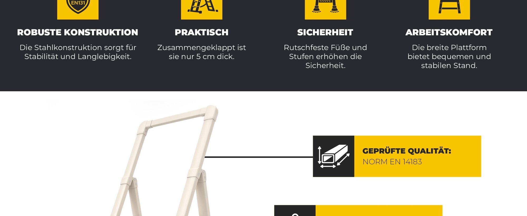 Drabest | Haushaltsleiter Slim - 3 Stufen - Klappbar - Max. 150 Kg - Creme