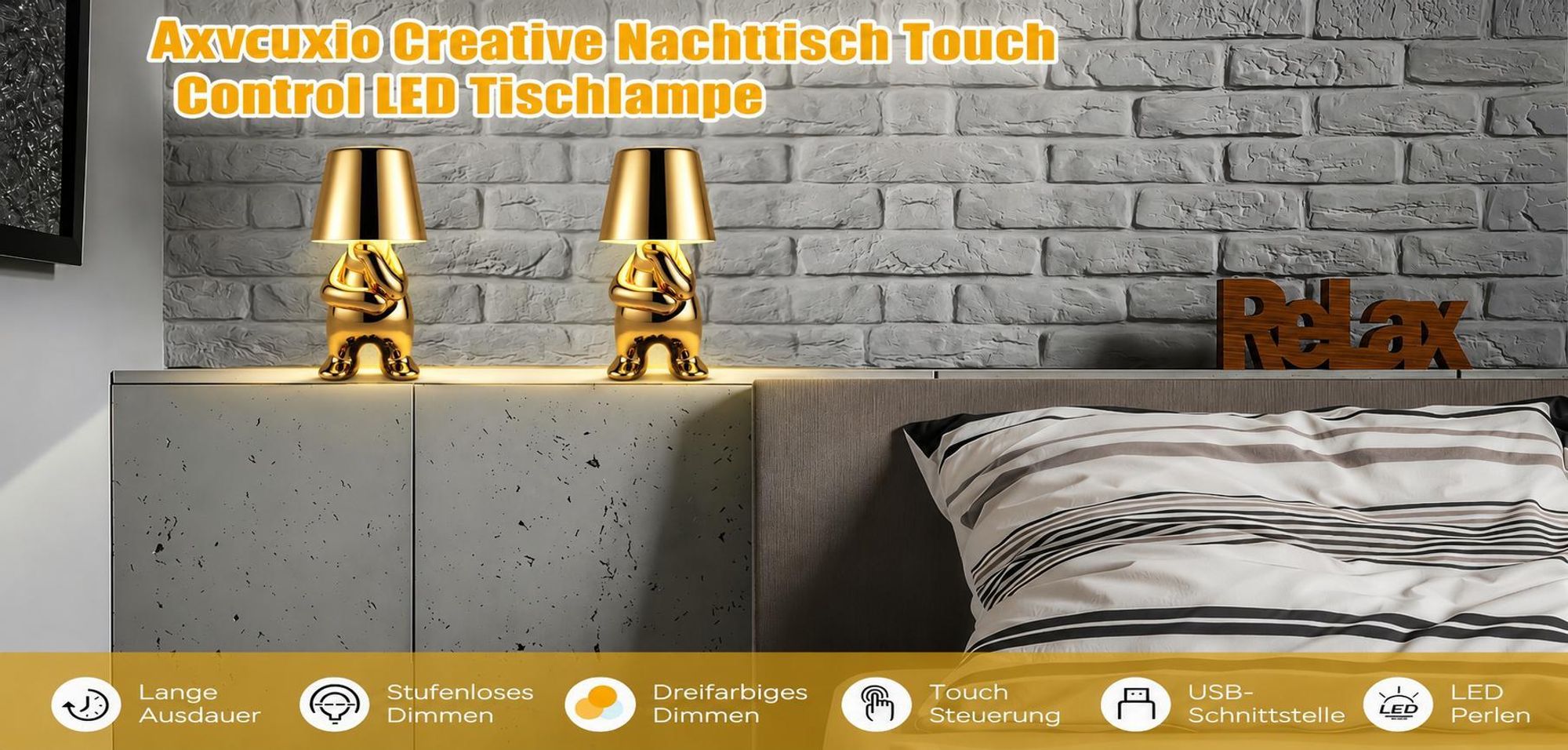Thinker-Statue LED Nachttischlampe mit Touch-Steuerung,USB-Aufladung,3 Helligkeitsstufen,Kabellose Dimmbare Tischlampe,Dekorative Nachtlicht,(Gold C)