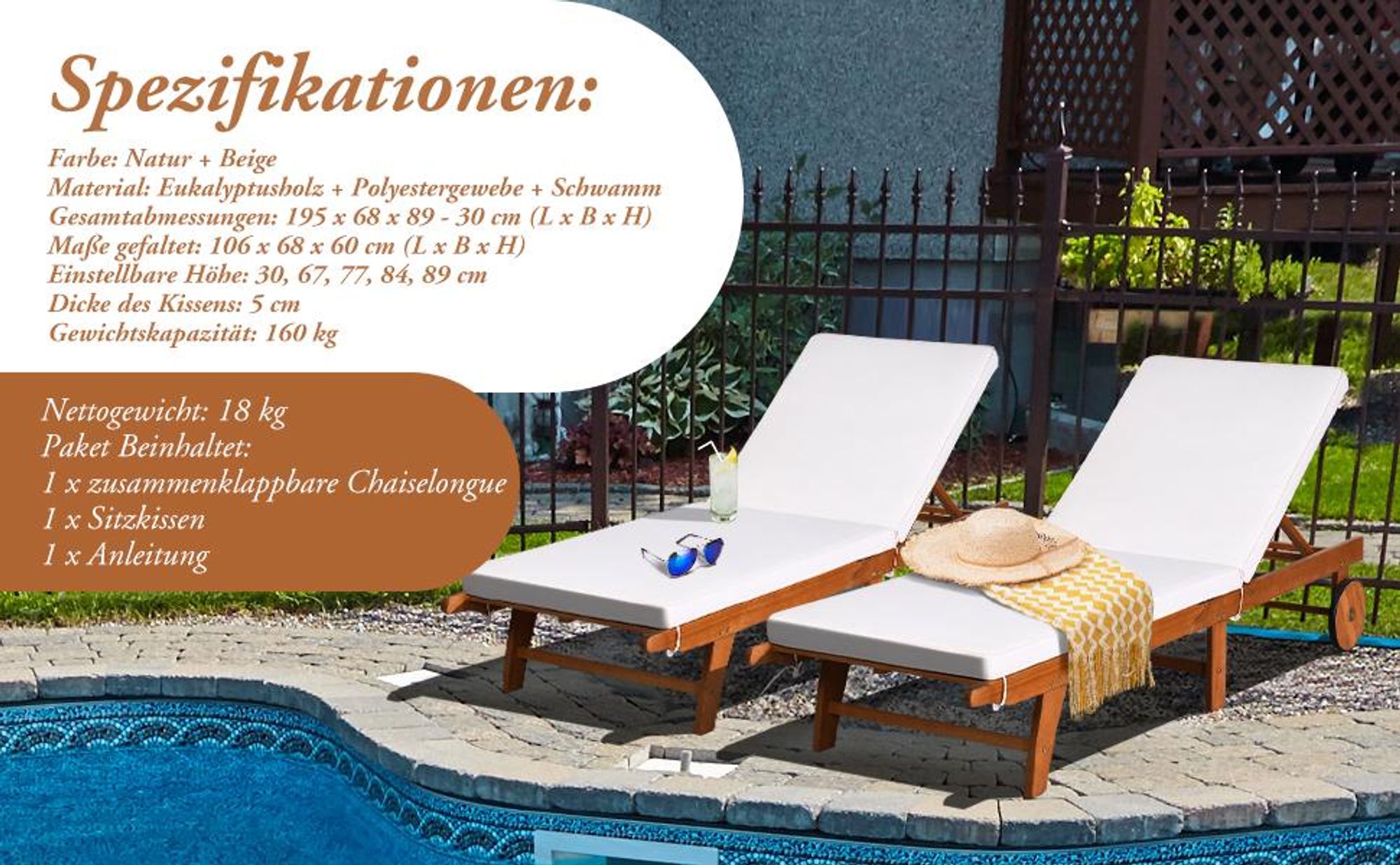 COSTWAY Sonnenliege mit Rollen & Auflage, Gartenliege mit Rückenlehne, Liegestuhl aus Holz, Balkonliege, Strandliege für Garten, Balkon & Terrasse