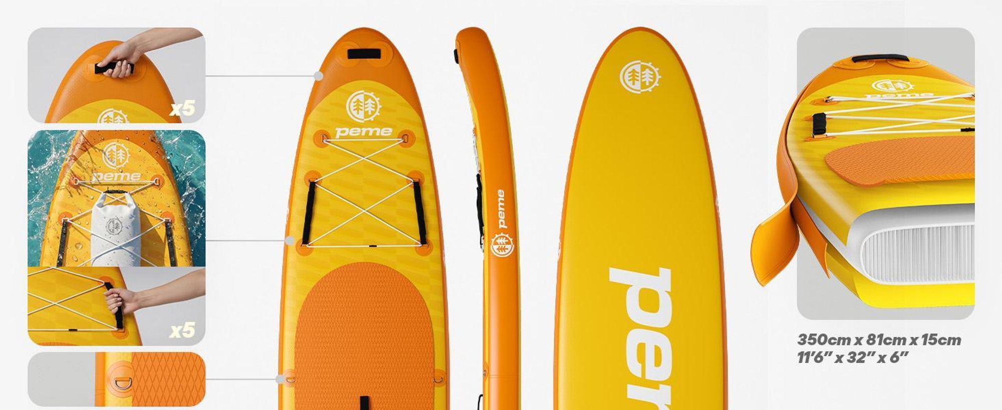 Planche de stand up paddle PEME - Bright Sun - 350 cm - Pagaie double et accessoires complets, SUP, planche de surf gonflable, jusqu'à 166 kg, - Jaune et orange