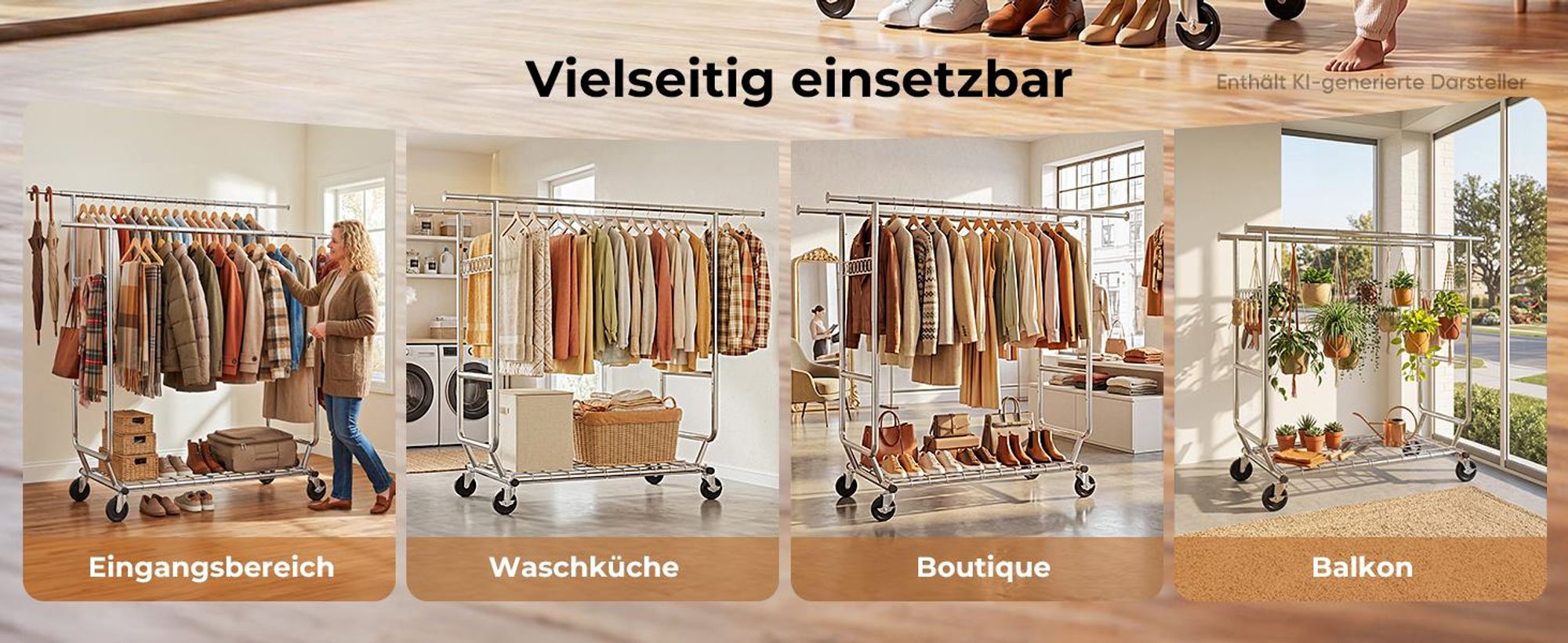 HOKEEPER Profi Doppelter Kleiderständer, bis 272 kg belastbar, Schwerlast Kleiderstange auf rollen, Industrie-Design, Garderobenständer