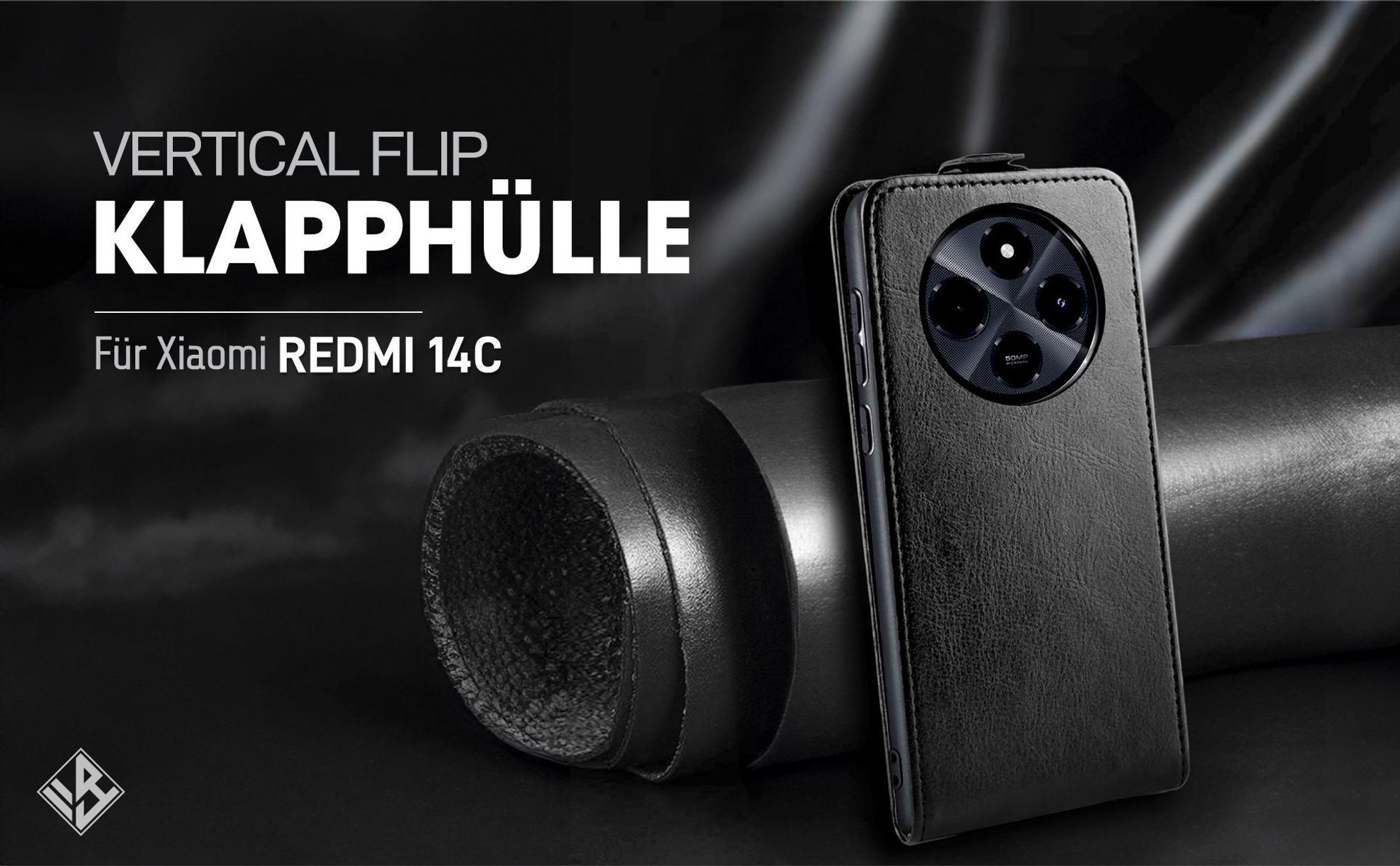 Vertikal aufklappende Handyhülle in Schwarz für Xiaomi Redmi 14C