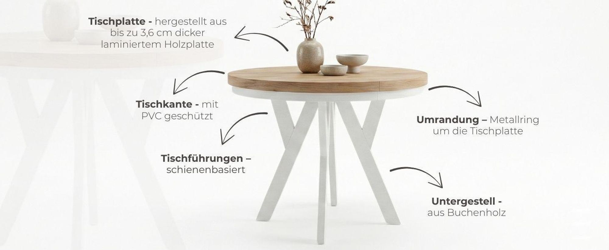 Runder Ausziehbarer Tisch für Esszimmer, PERO mit einem Ring-Gestell, Loft-Stil, Skandinavische, Durchmesser: 110 / 210 cm, Farbe: Eiche Sonoma / Weiß