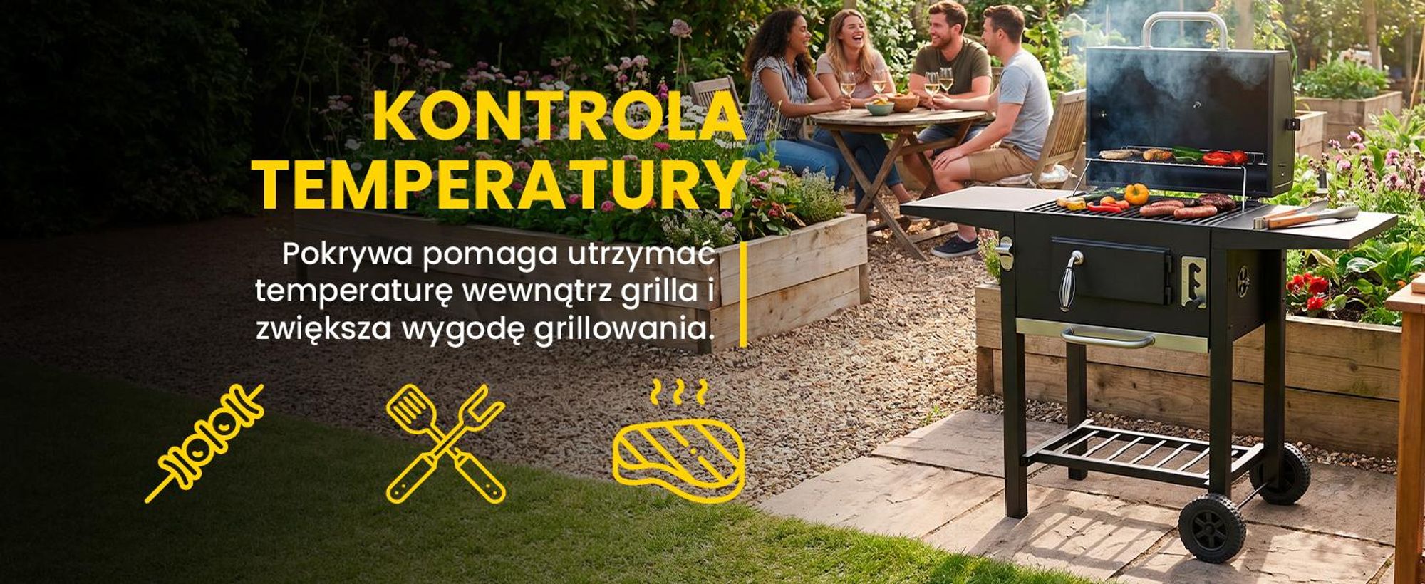 Wygodny przenośny grill węglowy na kółkach z pokrywą i żeliwnym rusztem i termometrem