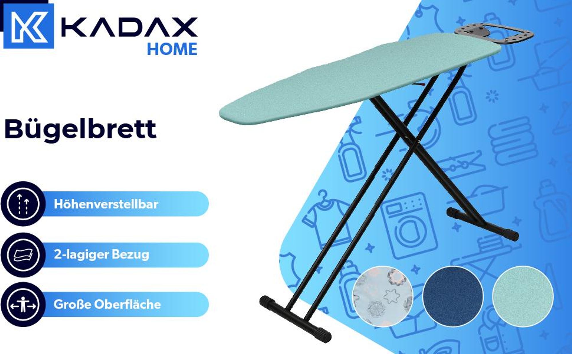 KADAX klappbares Bügelbrett, groß, 120 x 38 cm breit, Standard mit Griff