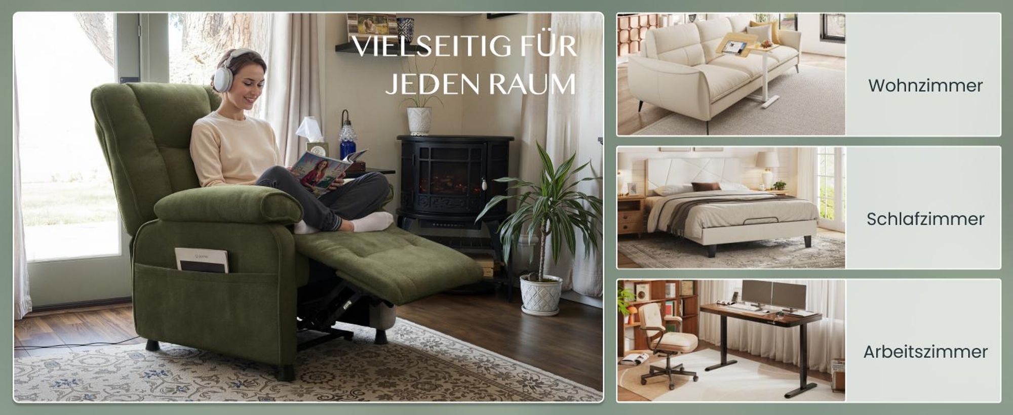 FLEXISPOT Elektrischer Relaxsessel mit Liegefunktion 105°–155° & Decke, Fernsehsessel mit Ein-Tasten-Verstellung, dick gepolstert, bis 150 kg, Grün