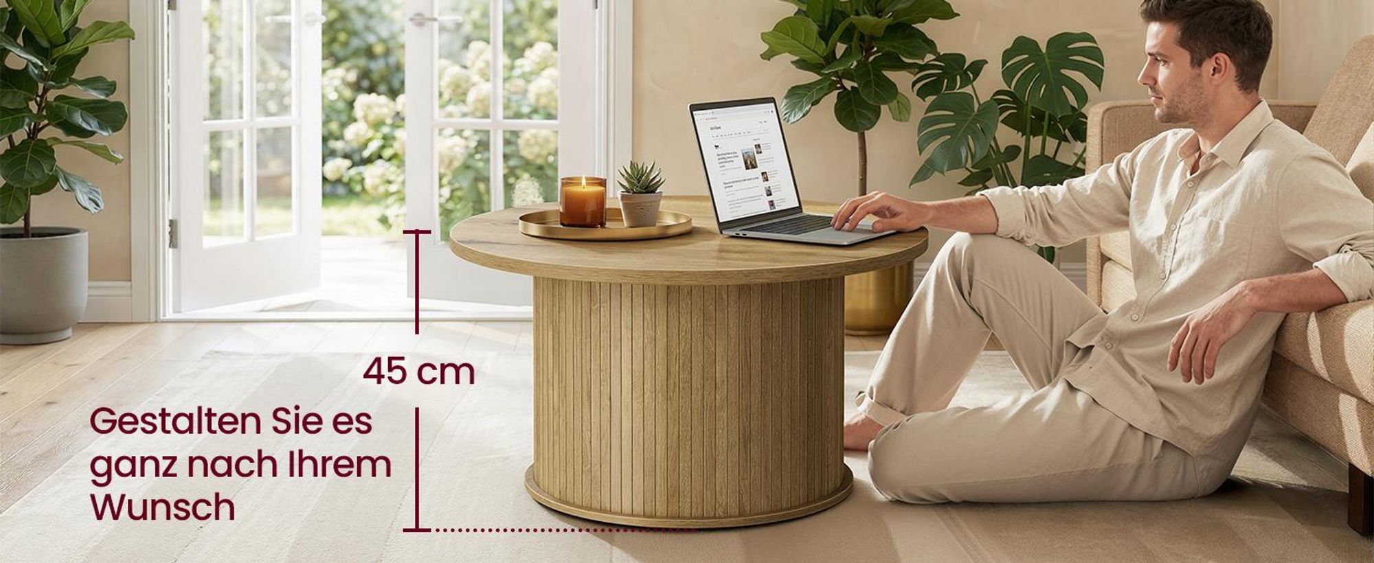 VASAGLE MIRIANA Kollektion - Couchtisch rund, Wohnzimmertisch, Kaffeetisch, Tambour-Design, Mid-Century-Modern-Stil, einfache Montage, für Homeoffice