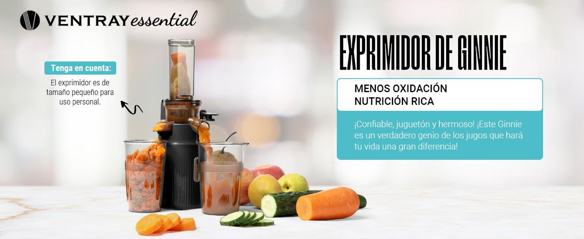 Ventray Ginnie Licuadora Prensado Frío Slow Juicer 60RPM 100W 400ml Compacta - Negro