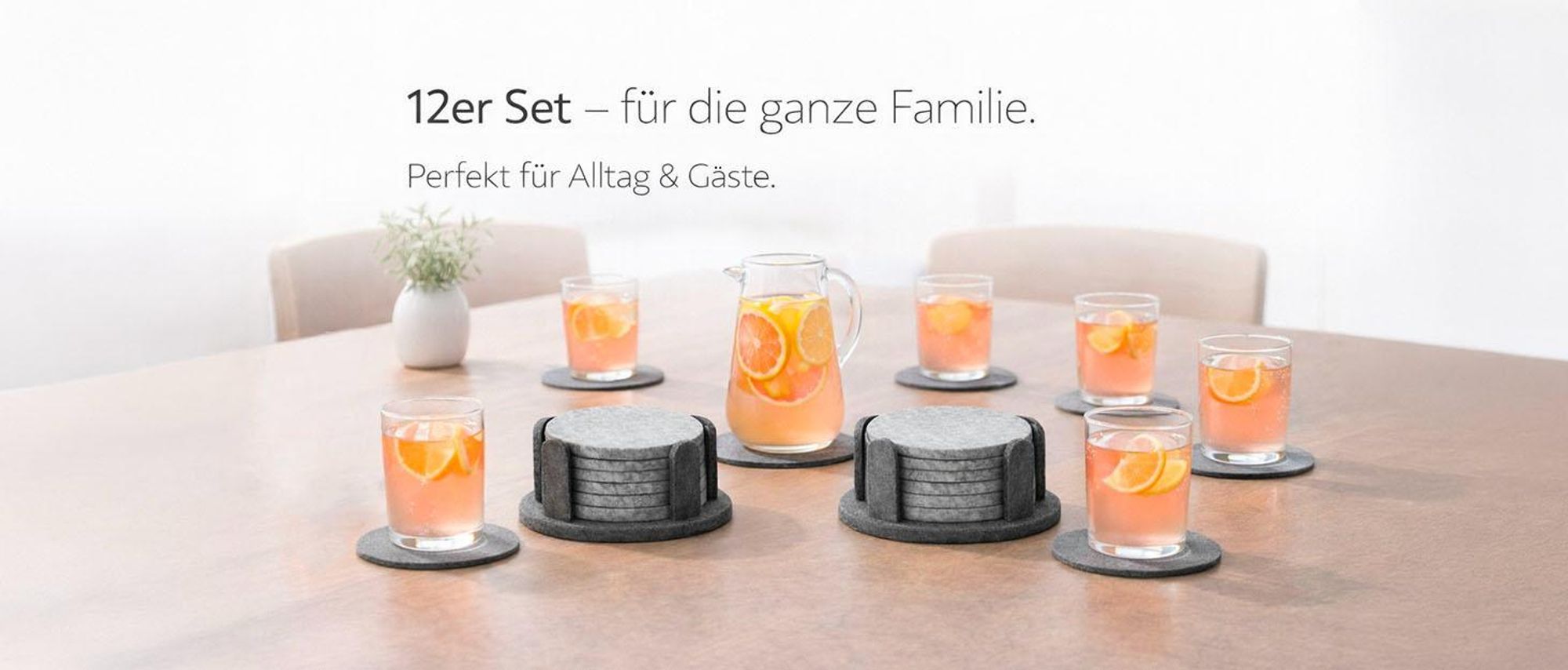 Filz-Untersetzer 12er Set mit Halter in Grau/Anthrazit, mit Mojito-Glas