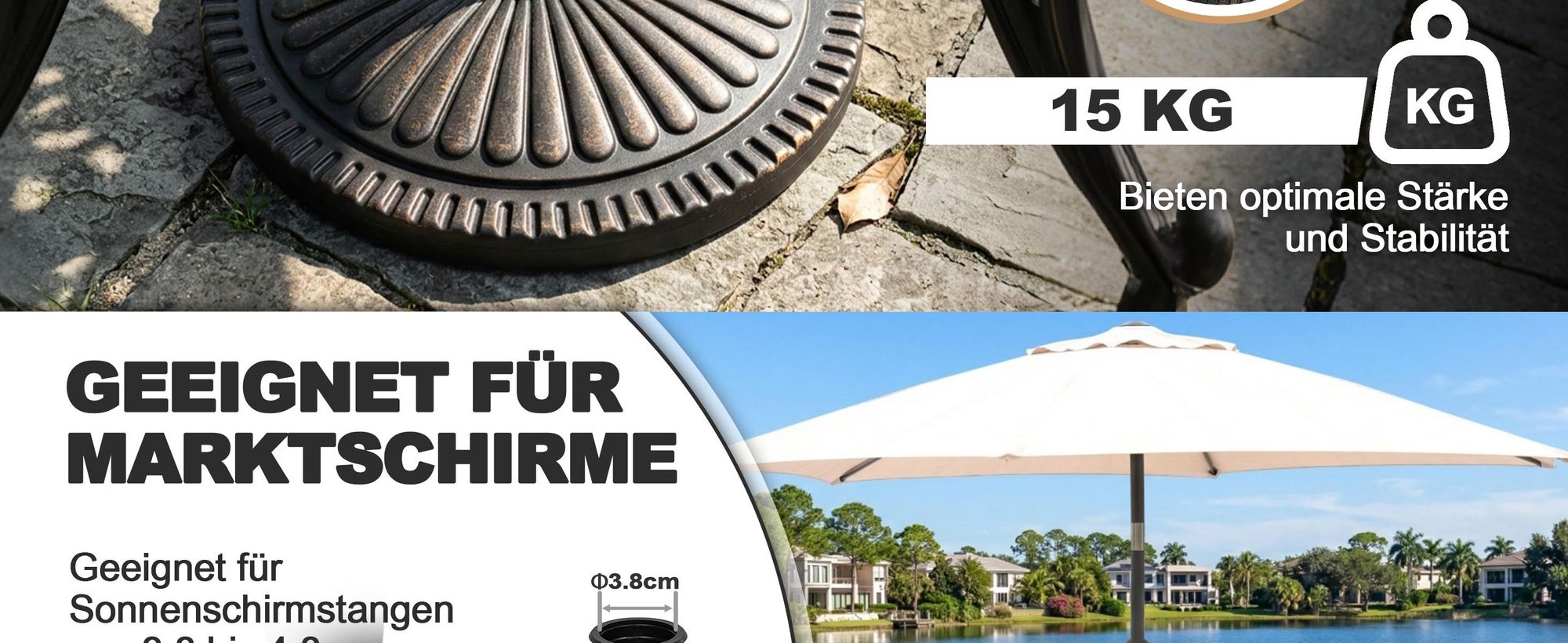 Avestar 15 kg runder Schirmständer für Garten, Sonnenschirmständer, beschwerter Schirmfuß, Schirmsockel