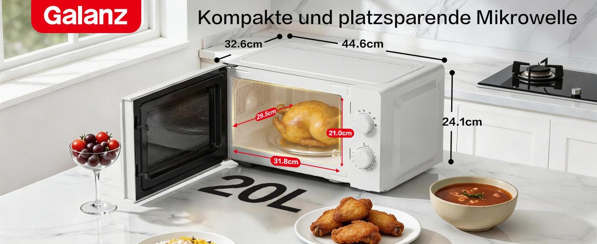 WILLZ Mikrowelle 20L 700W 6 Stufen Drehregler Auftaufunktion weiß