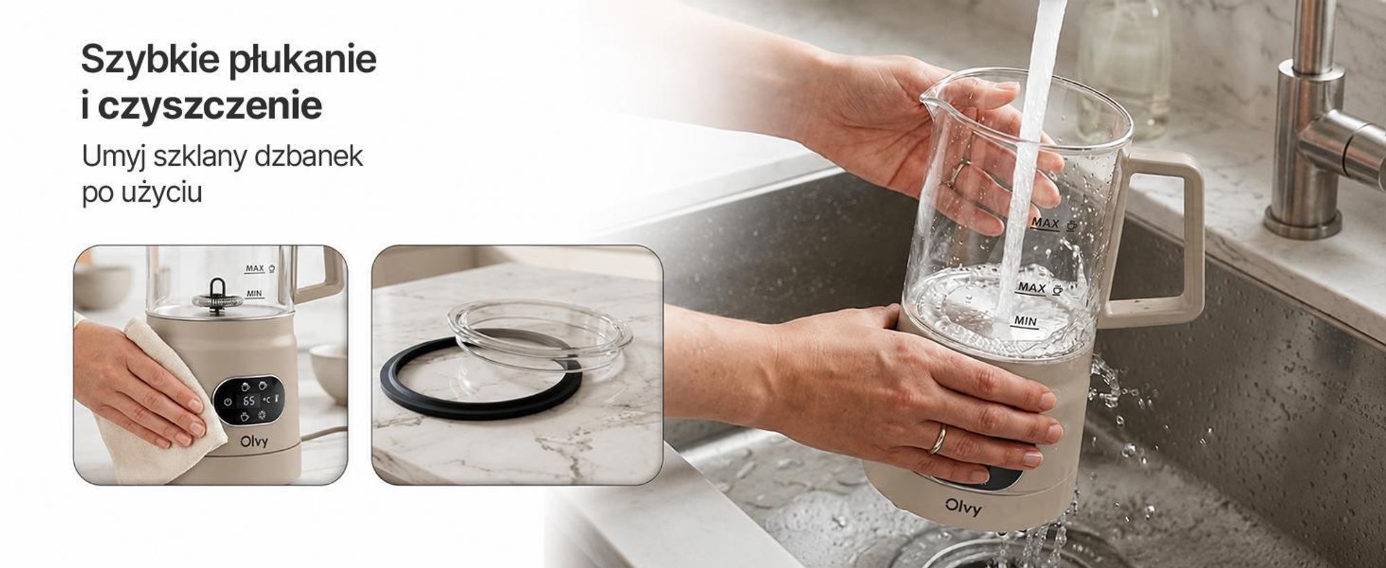 Olvy Electric Milk Frother ze Szkła 4 w 1, 500 W, Wyświetlacz Temperatury, Spienia 160 ml, Podgrzewa 400 ml, Ciepła i Zimna Pianka, Beżowy