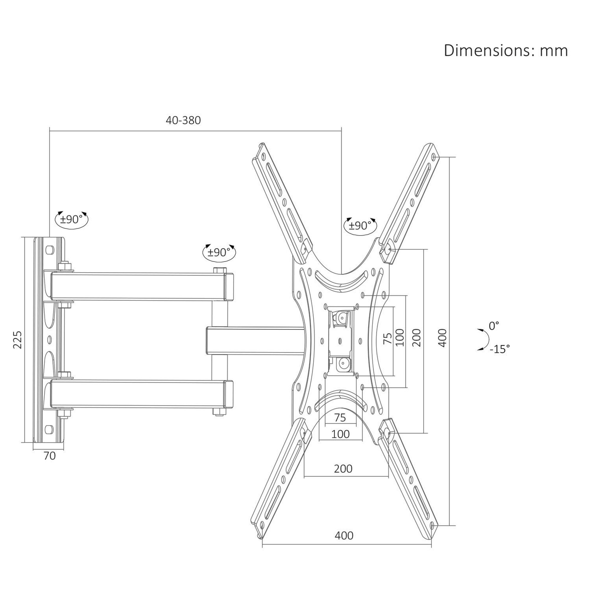 Maclean TV-Halterung/Aufhängung max. VESA 400x400 32–55" bis zu 25 kg schwarz Neigungsverstellung 0°–-15° und Schwenkverstellung +90°–-90° MC-19
