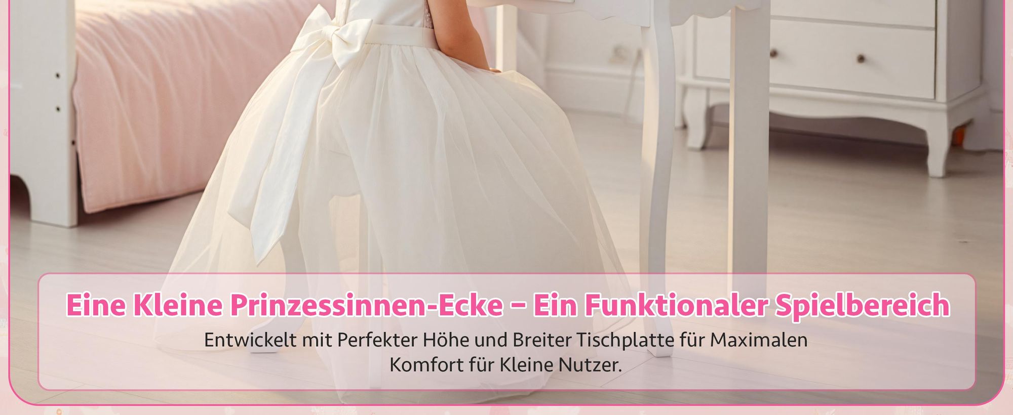 Kinderschminktisch Holz Weiß mit Spiegel & Hocker – Frisiertisch mit 3 Schubladen, Aufklebern & Tattoos, für Mädchen ab 3 Jahren, 60x39x105,5 cm