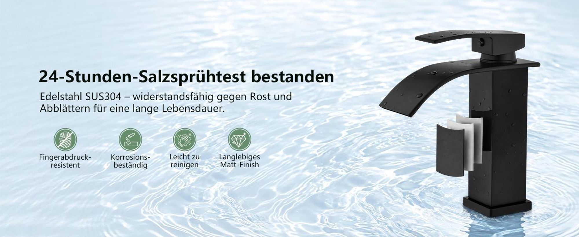 Homelody Wasserfall Waschtischarmatur, Wasserhahn Bad Einhebel Waschbeckenhahn aus SUS304 Edelstahl, Mischbatterie Badezimmer Bleifrei, Schwarz