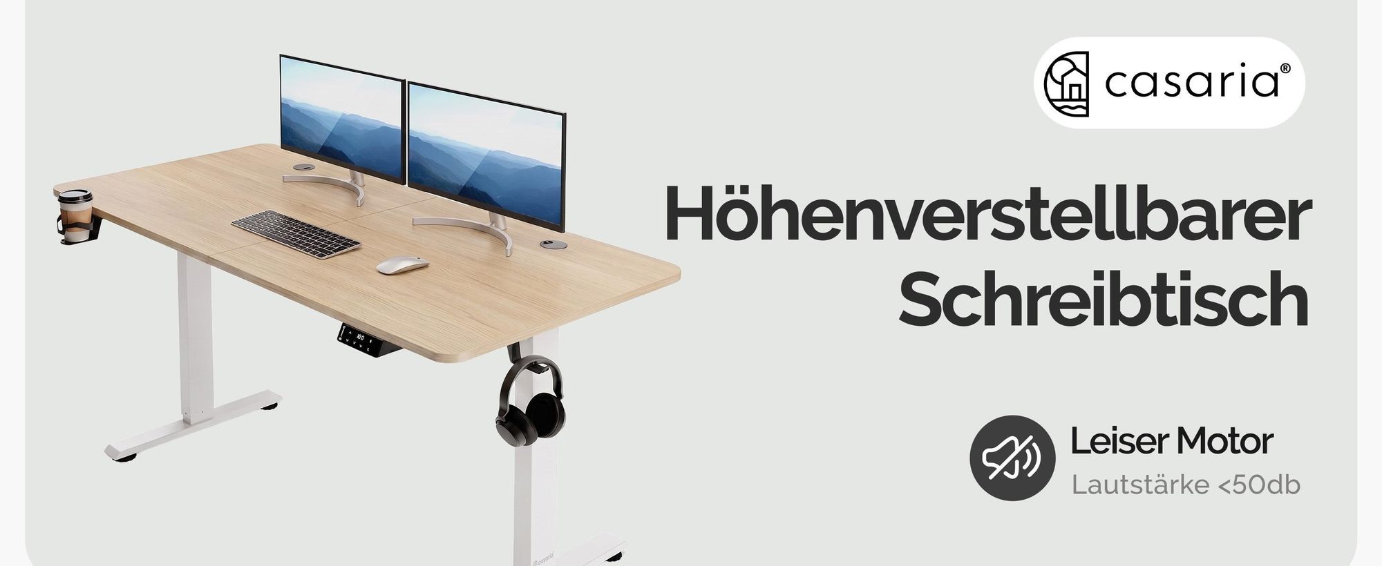 CASARIA® Höhenverstellbarer Schreibtisch 140cm Beige Gestell Tischplatte Gaming Tisch LCD Display Memoryfunktion Elektrisch mit Zubehör Computertisch Büro
