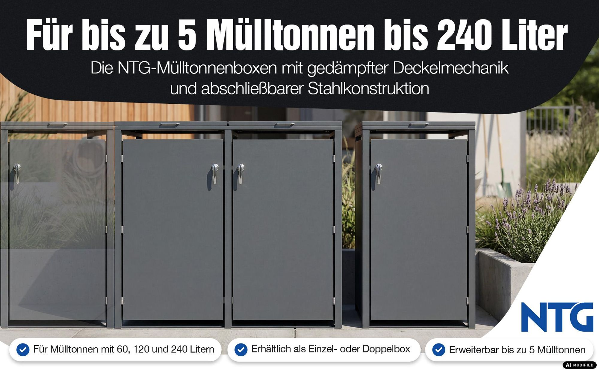 5x Mülltonnenbox 240L Anthrazit – Mülltonnenverkleidung / Mülltonnenhaus aus verzinktem Stahl mit Soft-Close Deckel, Schloss & Belüftung