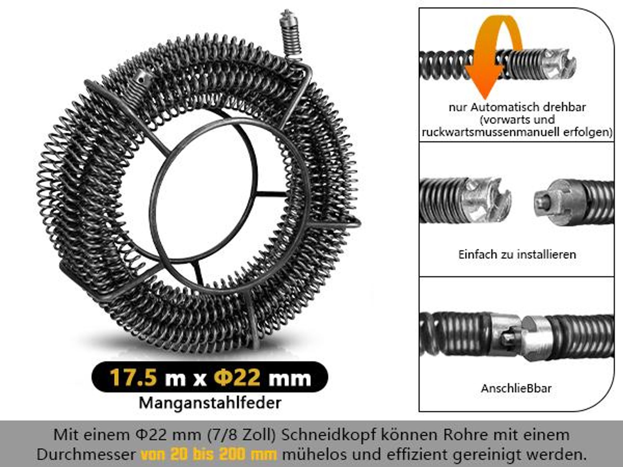 1250W Stark Rohrreinigungsgerät mit 17.5m*Ø22mm + 14m*Ø22mm Spirale, Alurahmen, Rollen, Rohrreinigungsspirale für Ø20–200mm Abflussverstopfung