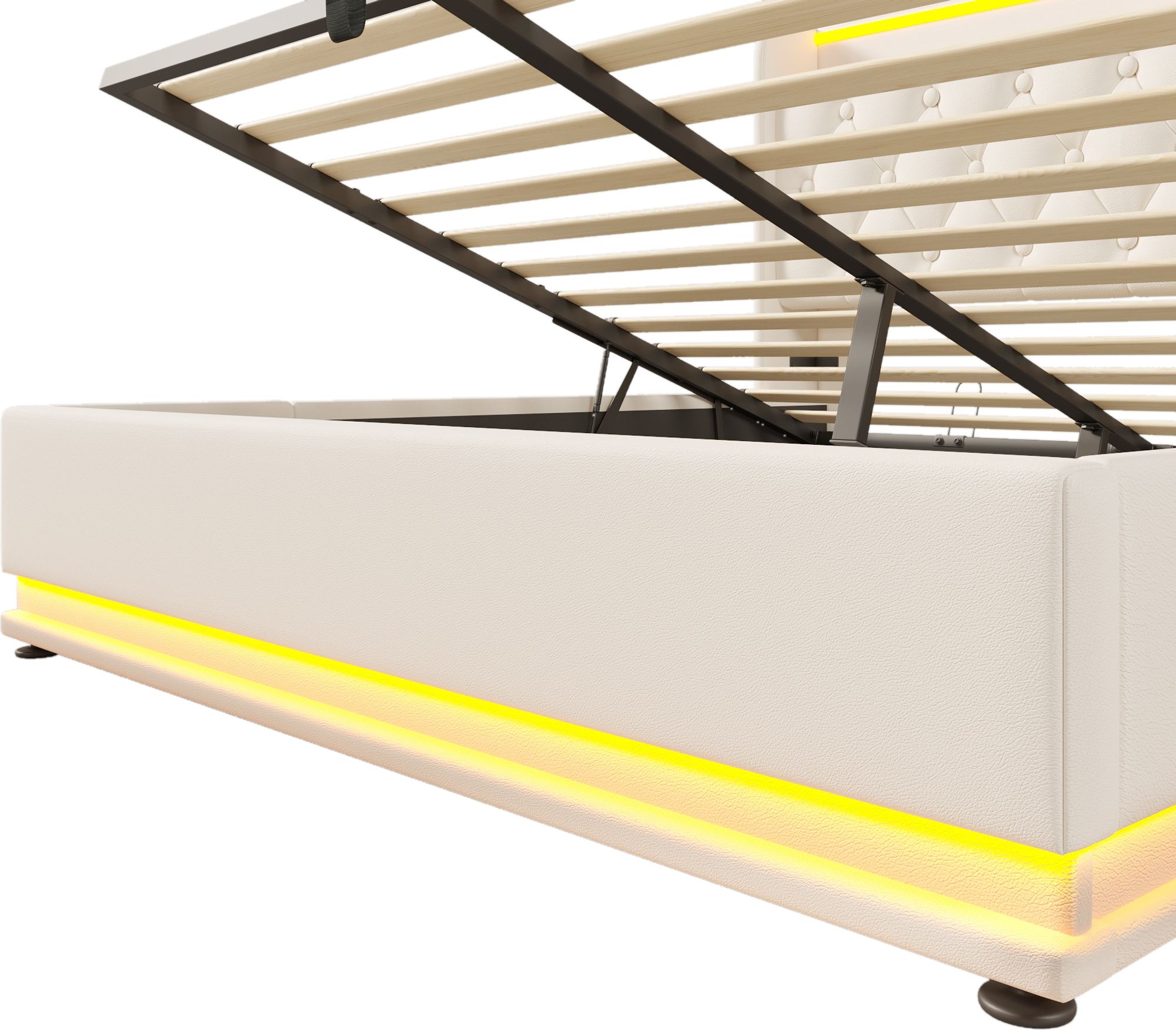 Flieks Polsterbett 140x200cm mit Ladefunktion (USB&Typ-c), Jugendbett Doppelbett Stauraumbett mit LED, Hydraulisches Boxspringbett, PU, Weiß
