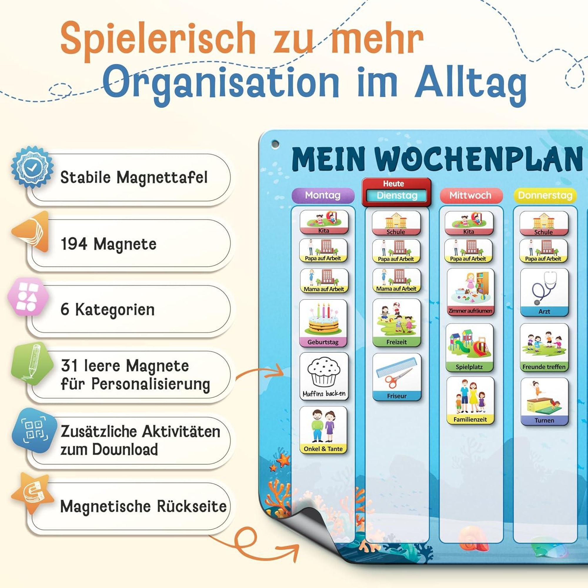 LIKARTO Kinder Wochenplaner Magnettafel mit 194 Magneten