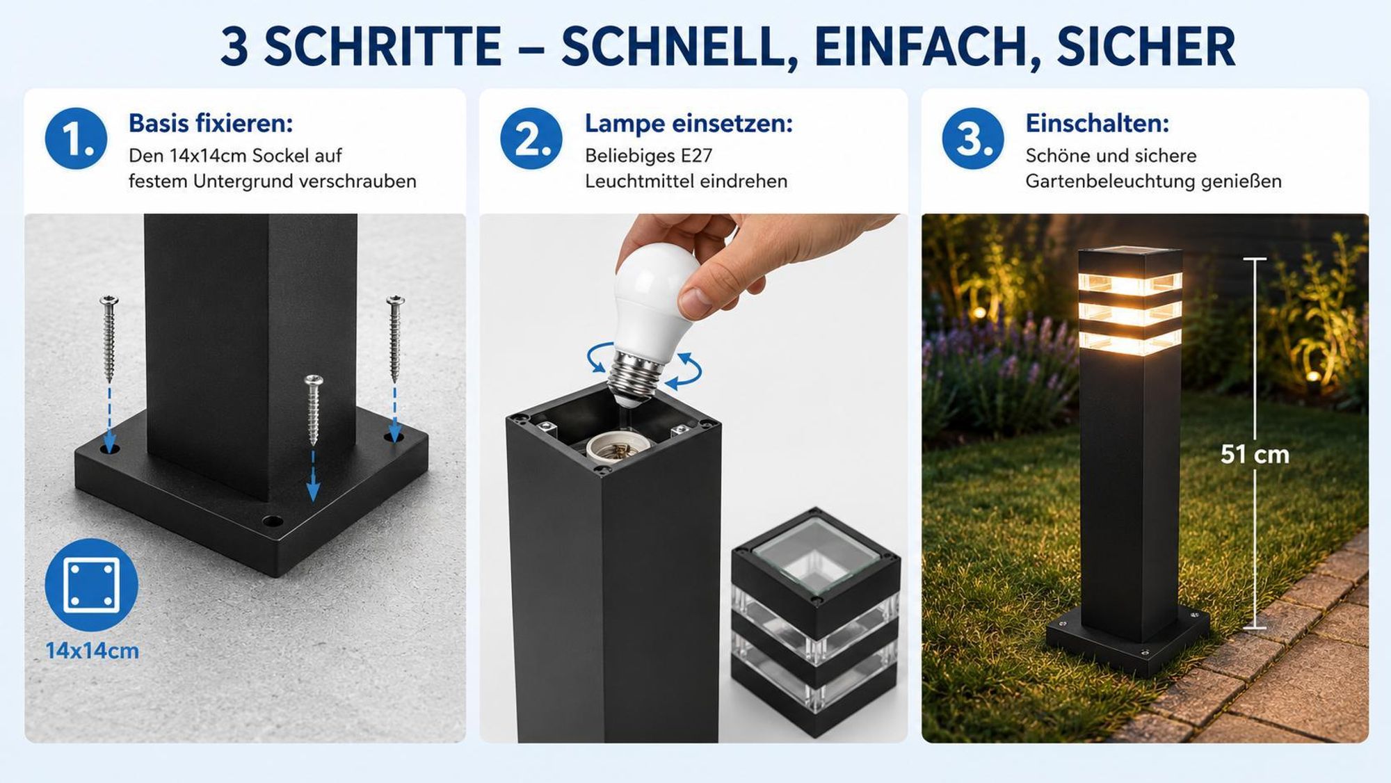 MasterLED Wegeleuchte LED IP54 – 50cm Schwarz – E27 Stehlampe Außenleuchte für Garten- und Wegbeleuchtung