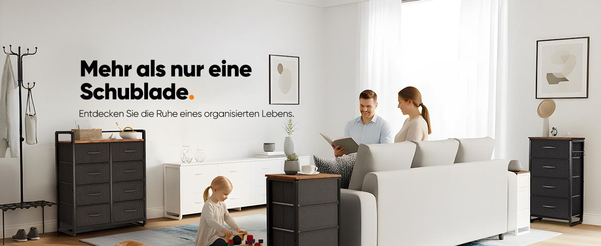 HOKEEPER Kommode, Sideboard mit 4 Stoffschubladen, Schmaler Aufbewahrungs Schrank aus Metall & Holz - Stabile, Chest of Drawers für Wohnzimmer