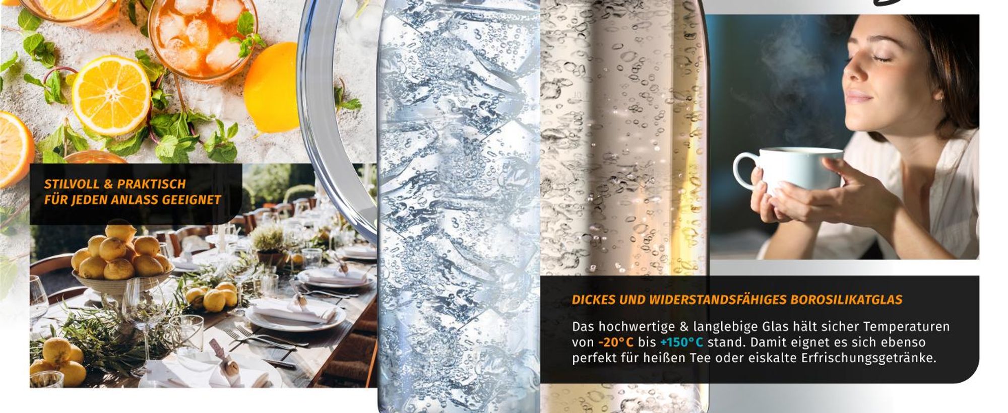 Arendo Karaffe, Glaskaraffe mit Deckel aus lebensmittelechtem Edelstahl, Borosilikatglas, 2300 ml, Sieb, hitze- und kältebeständig, BPA-frei