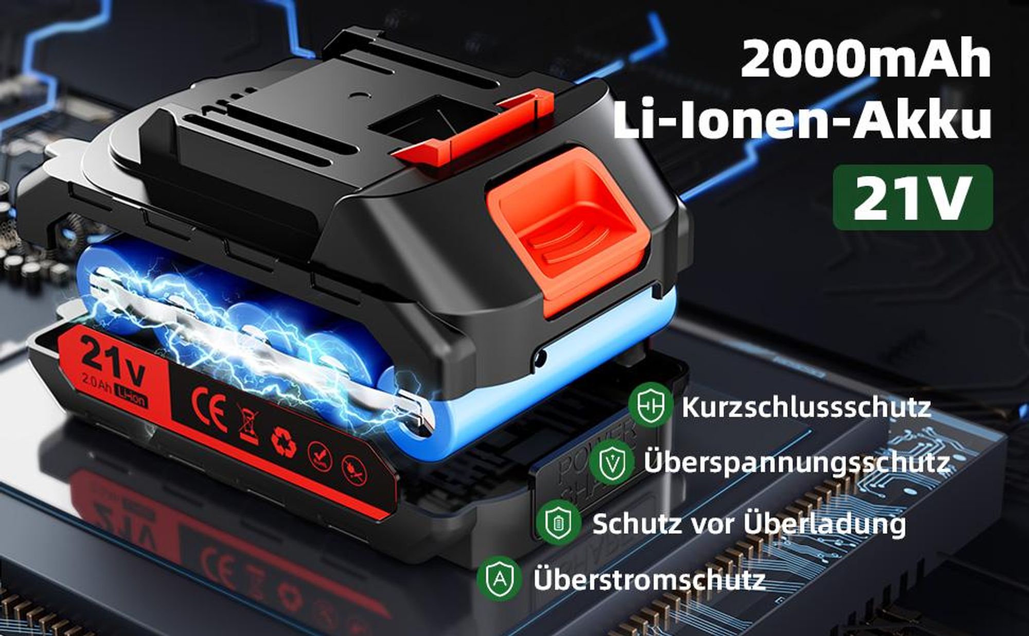 Akku Heckenschere mit drehbarem Griff, 220mm & 130mm Klingen, inkl. 2000mAh Akkus & Ladegerät, Grasschere für präzise Formschnitte im Garten