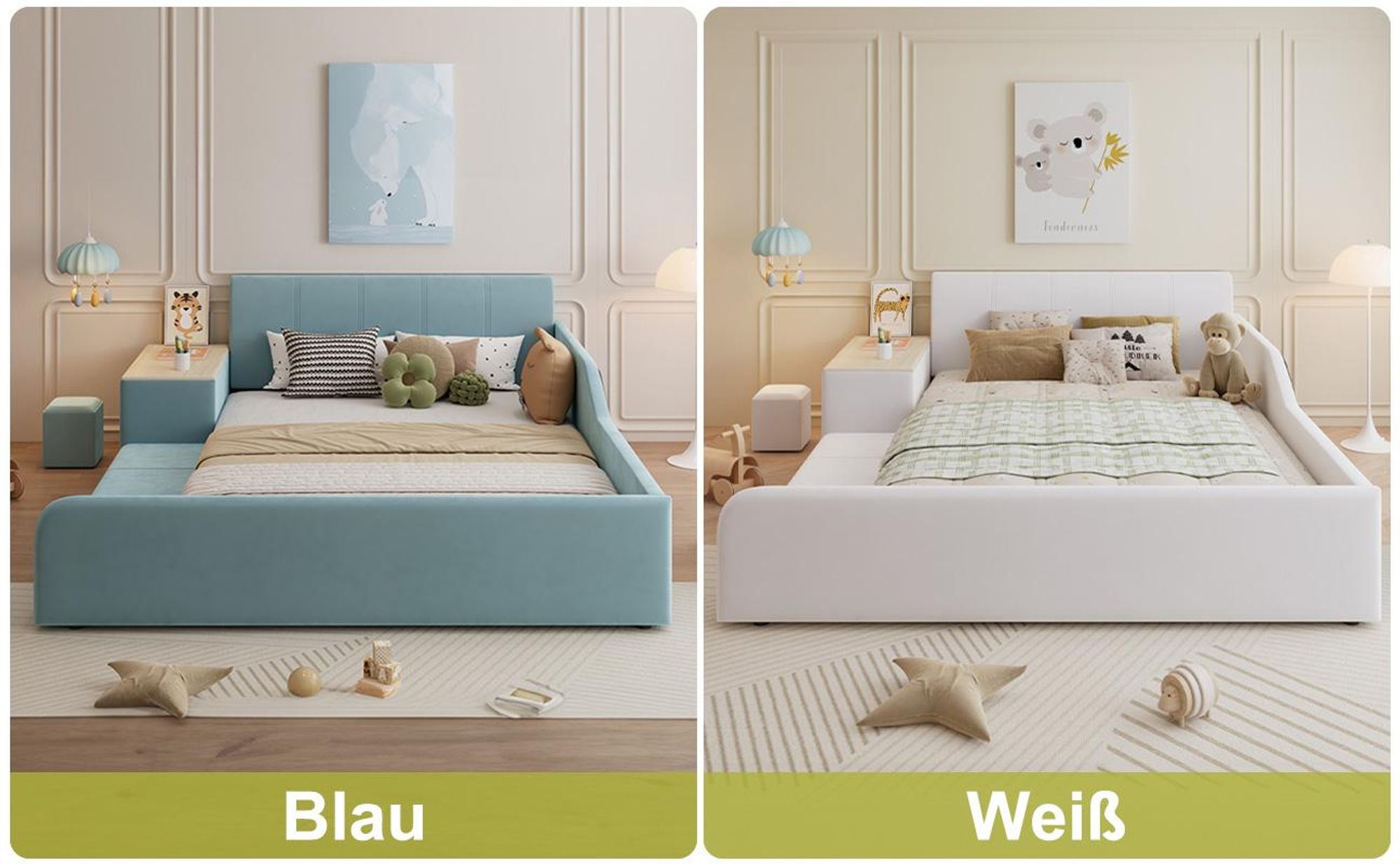 MODFU Kinder-Polsterbett 140x200 Doppelbett mit Lernschreibtisch,Jugendbett mit Hocker und Ablageboden,Kinderbett Bettgestell mit Holzlattenrost und weichem Kopfteil,ohne Matratze,Weiß