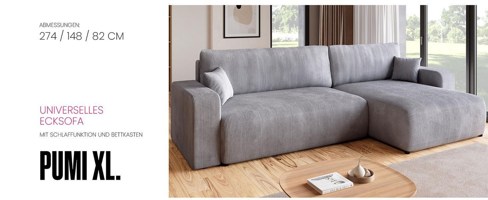 BroMARKT Ecksofa PUMI XL Schlaffunktion Bettkasten L-Form 125x230 cm Vanilla