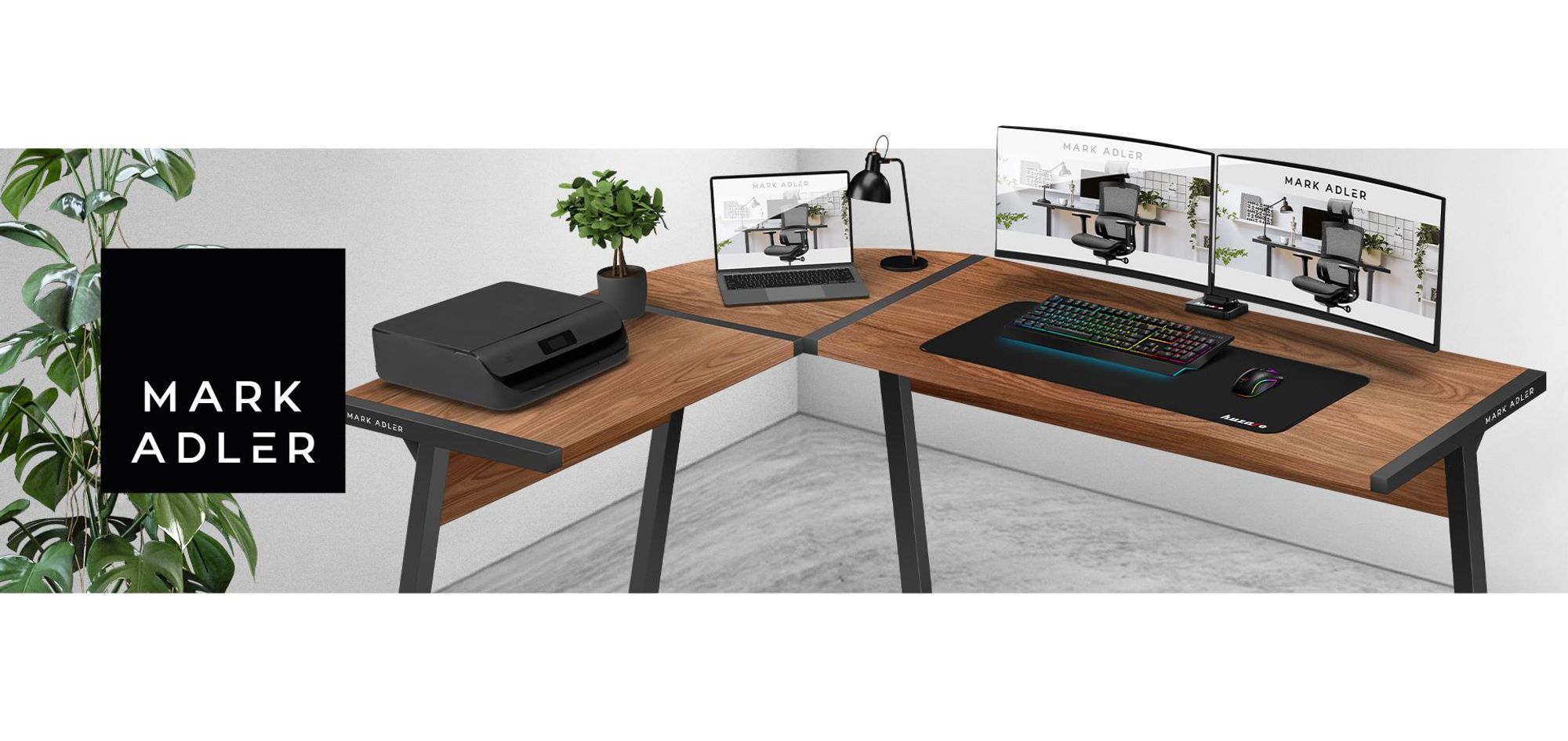 MARK ADLER Leader 5.5 | L-Form Eckschreibtisch Gaming Schreib Computer Arbeits Tisch Bürotisch | Homeoffice Arbeitszimmer | 147 x 112 | Walnussholz