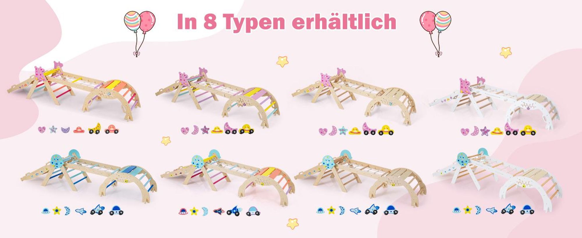 COSTWAY Klettergerüst Indoor 4er Set, klappabre Kletterdreieck mit Rutsche, Kletterbogen, Netz, doppelseitige Rampe, Baustein Set&2 Autos für Kinder1+