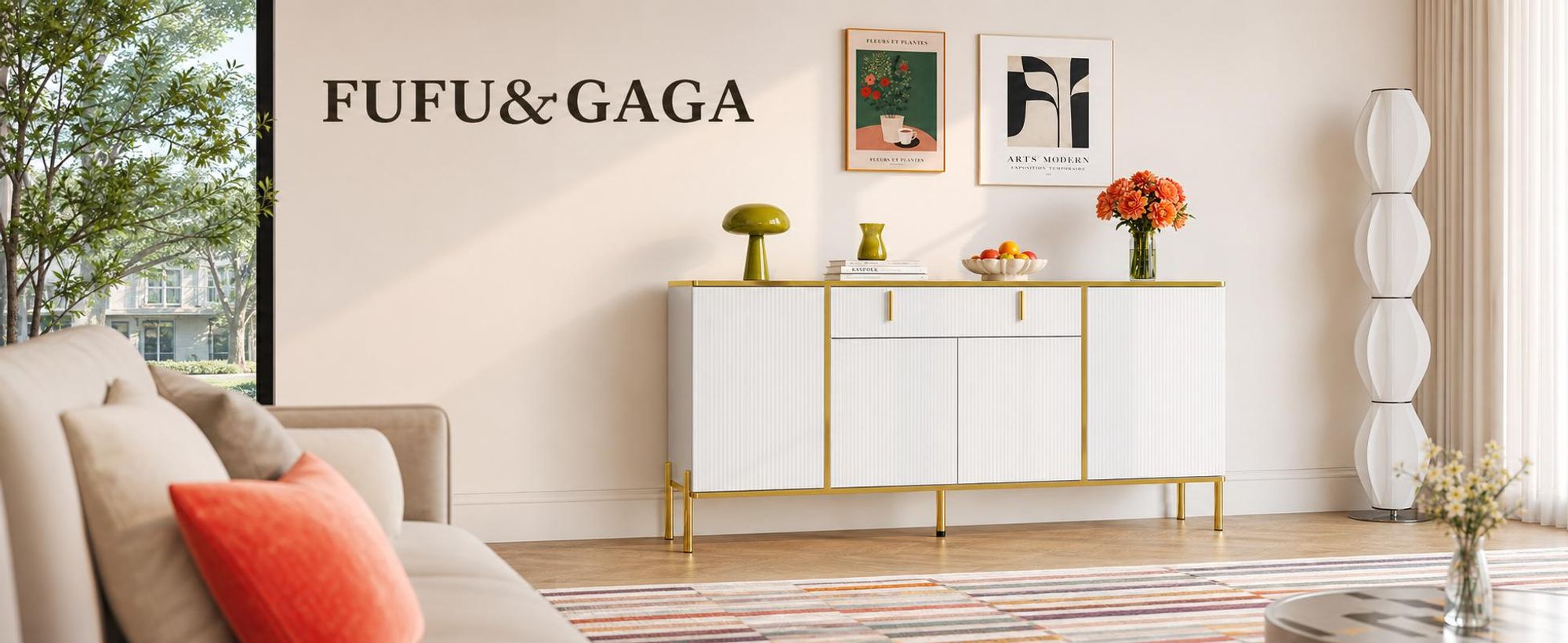 160 cm Sideboard mit 1 großen Schublade 4 Türen, Kommode mit Verstellbaren Einlegeböden, mit 5 Füßen, Weiß und Gold, 160 x 40 x 80 cm