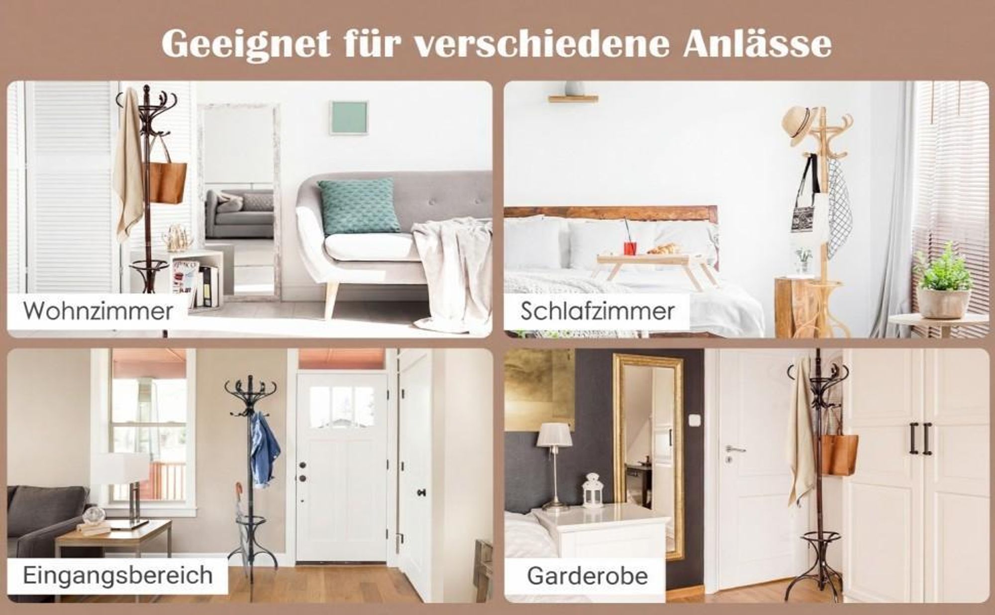 COSTWAY Garderobenständer 182cm, Kleiderständer Holz, Jackenständer mit 12 Haken & Schirmständer, Garderobe Standgarderobe Braun