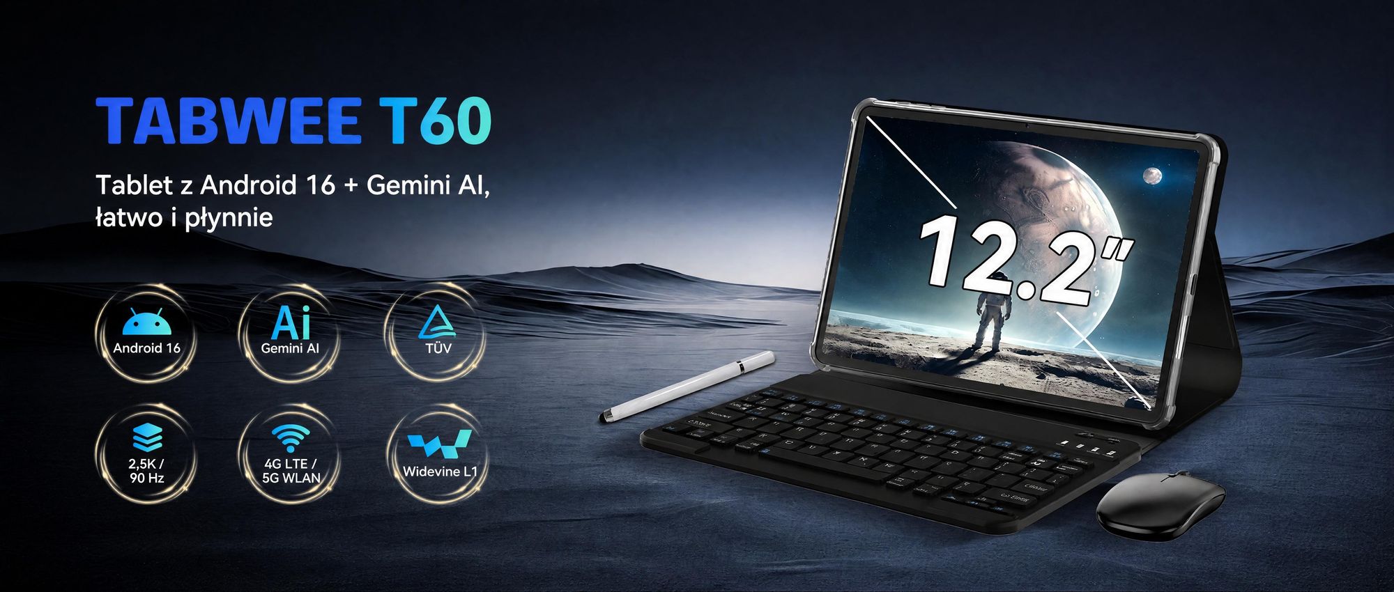 Tablet T60 z systemem Android 16, wyświetlacz 12,2" o rozdzielczości 2,5K, 48 GB pamięci RAM + 256 GB pamięci ROM + możliwość rozbudowy do 2 TB za pomocą karty TF, procesor Octa-Core, bateria 10 000 mAh i sztuczna inteligencja Gemini
