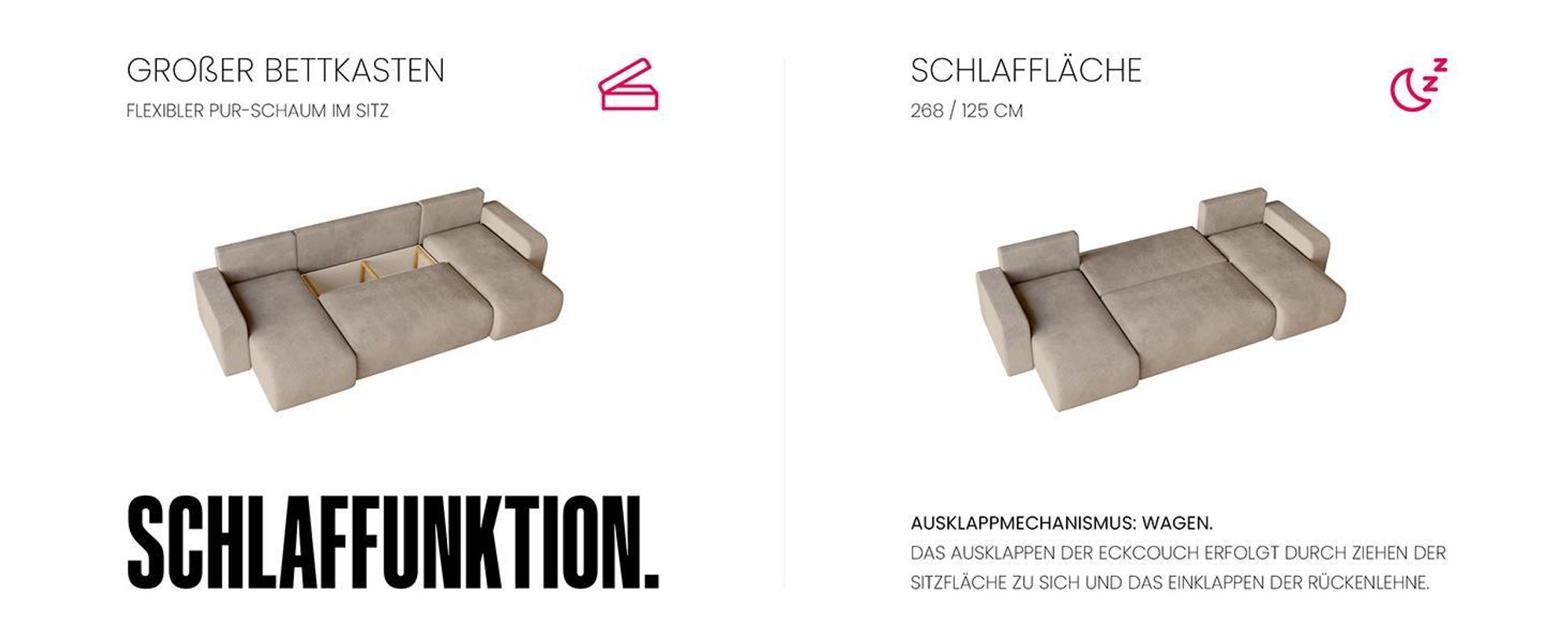 BroMARKT Ecksofa PUMI Schlaffunktion Bettkasten U-Form 125x268 cm Hellgrau