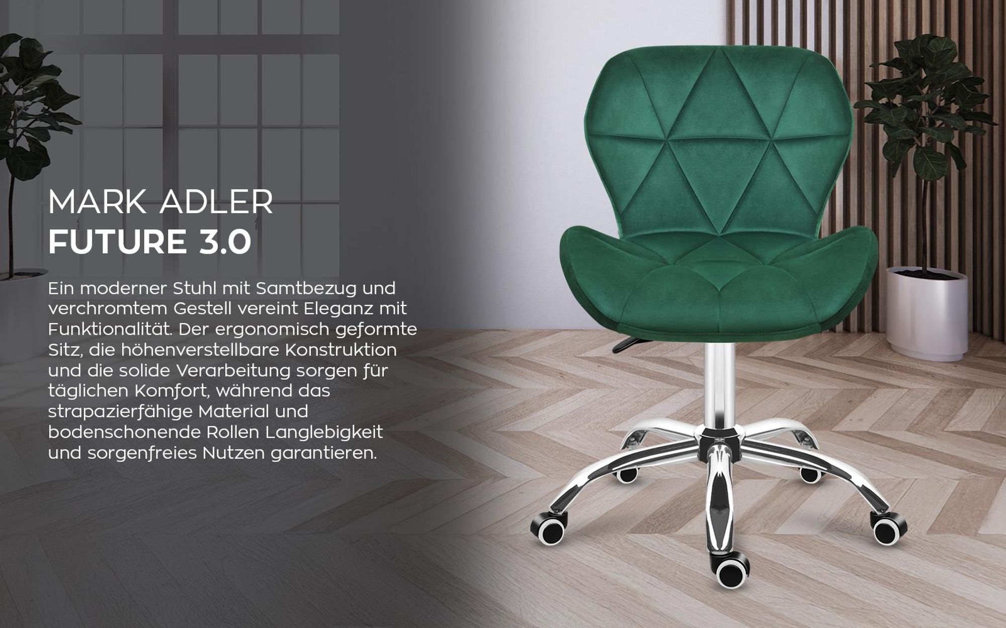 MARK ADLER Future 3.0 | Drehstuhl Bürostuhl Polsterstuhl | Höhenverstellbar bis 130 kg belastbar Samt Velours | Homeoffice Schminktisch | Grün