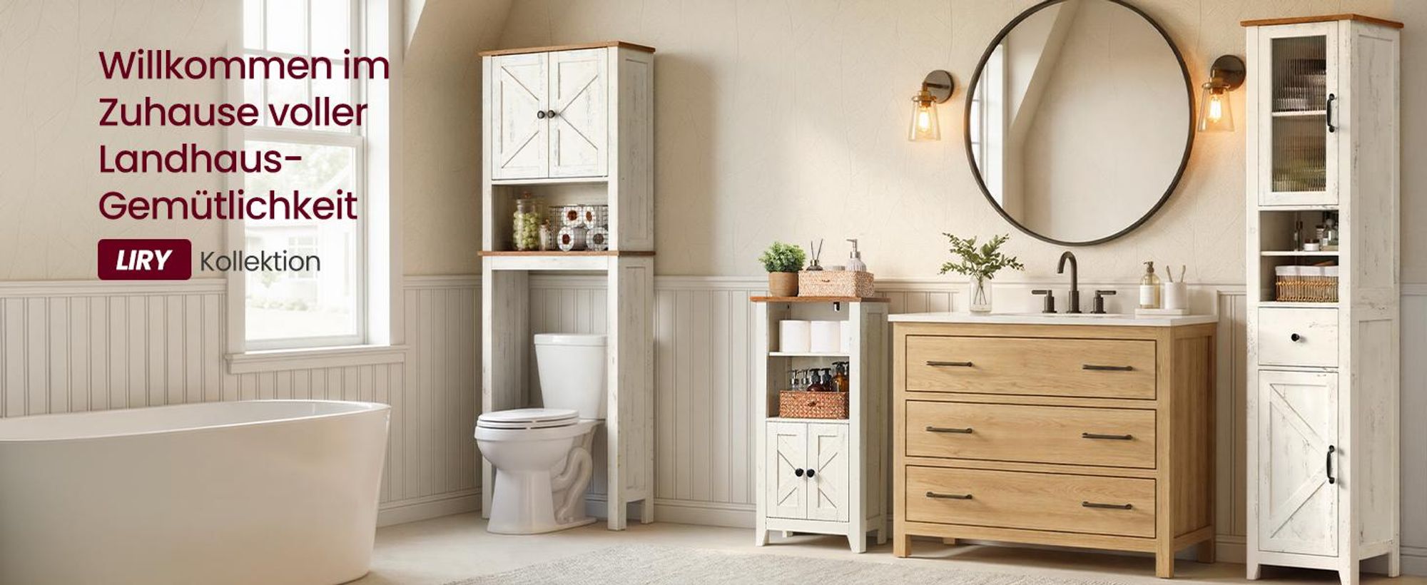 VASAGLE Badezimmerschrank im Landhausstil, Badschrank, offene Fächer, mit Türen, weiß-braun