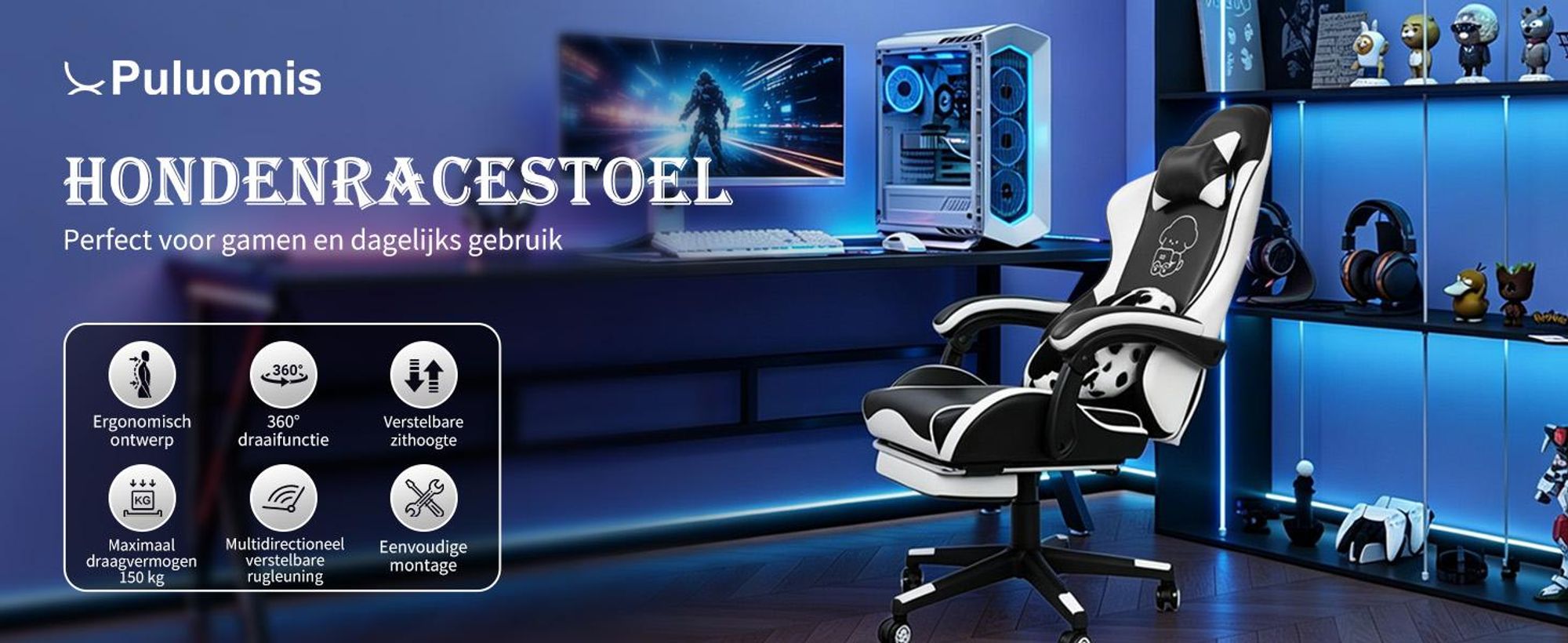 Puluomis gaming stoel met voetsteun, bureaustoel, chefstoel, kantoel, race-stoel, ergonomisch, draaibaar, in hoogte verstelbaar, zwart en wit