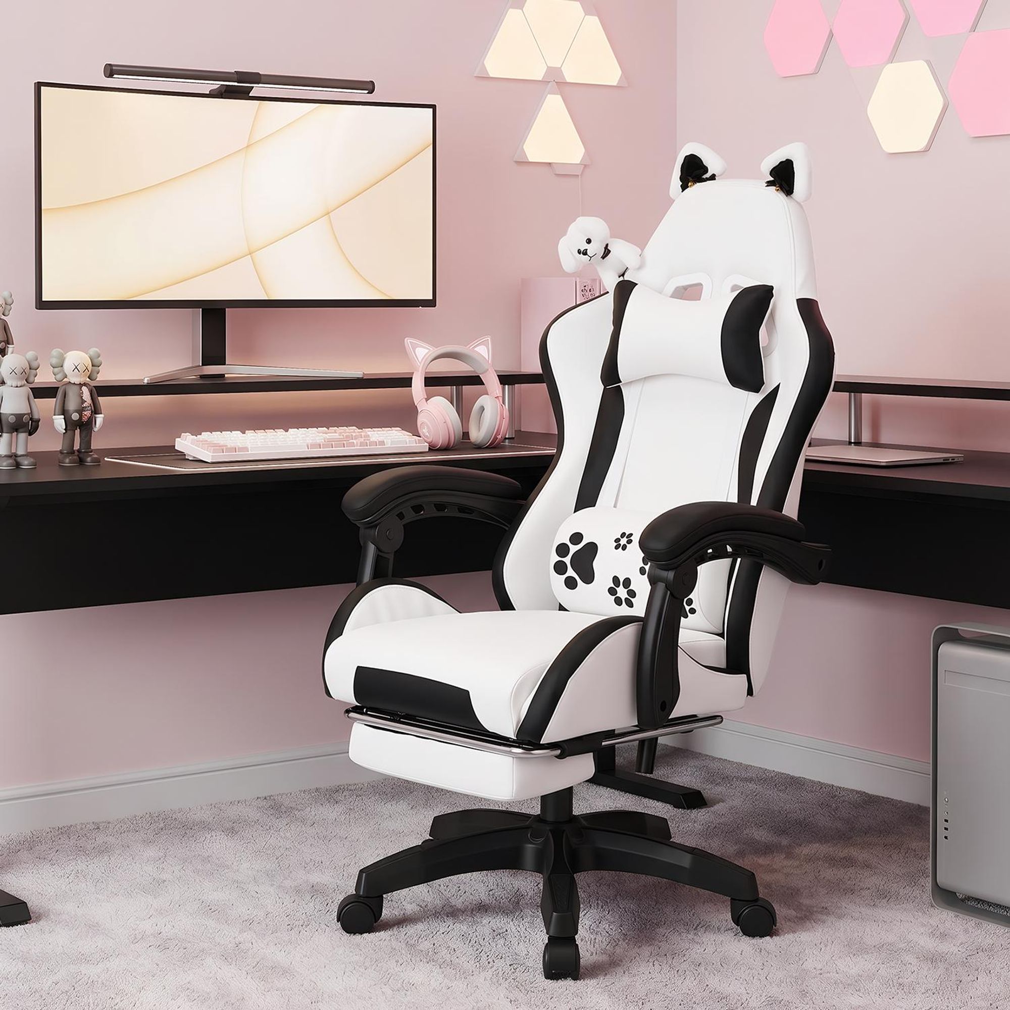Gaming Stuhl mit Lendenwirbelstütze und Fußstütze 150kg, Bürostuhl Ergonomisch Schreibtischstuhl Racing Stuhl Computerstuhl Höhenverstellbar