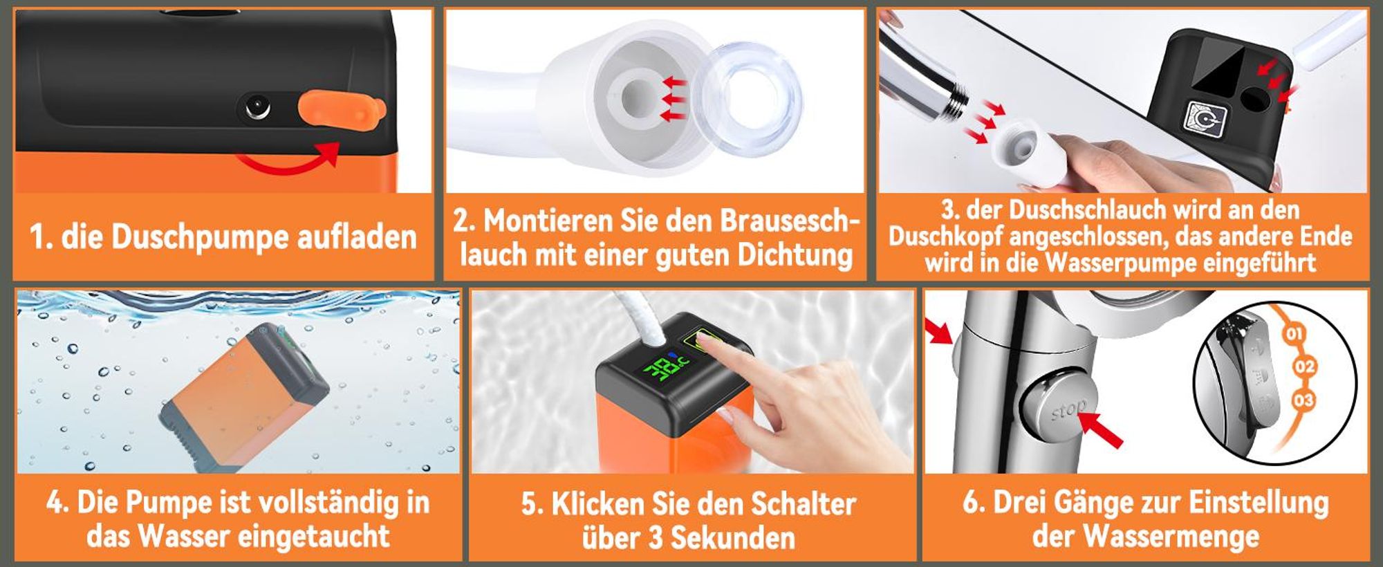 Tragbare Campingdusche, Camping Dusche Outdoor, 6000mAh Akku, mit Pumpe und Temperaturanzeige, Mobile Duschen Außenduschen mit Duschkopf und Schlauch