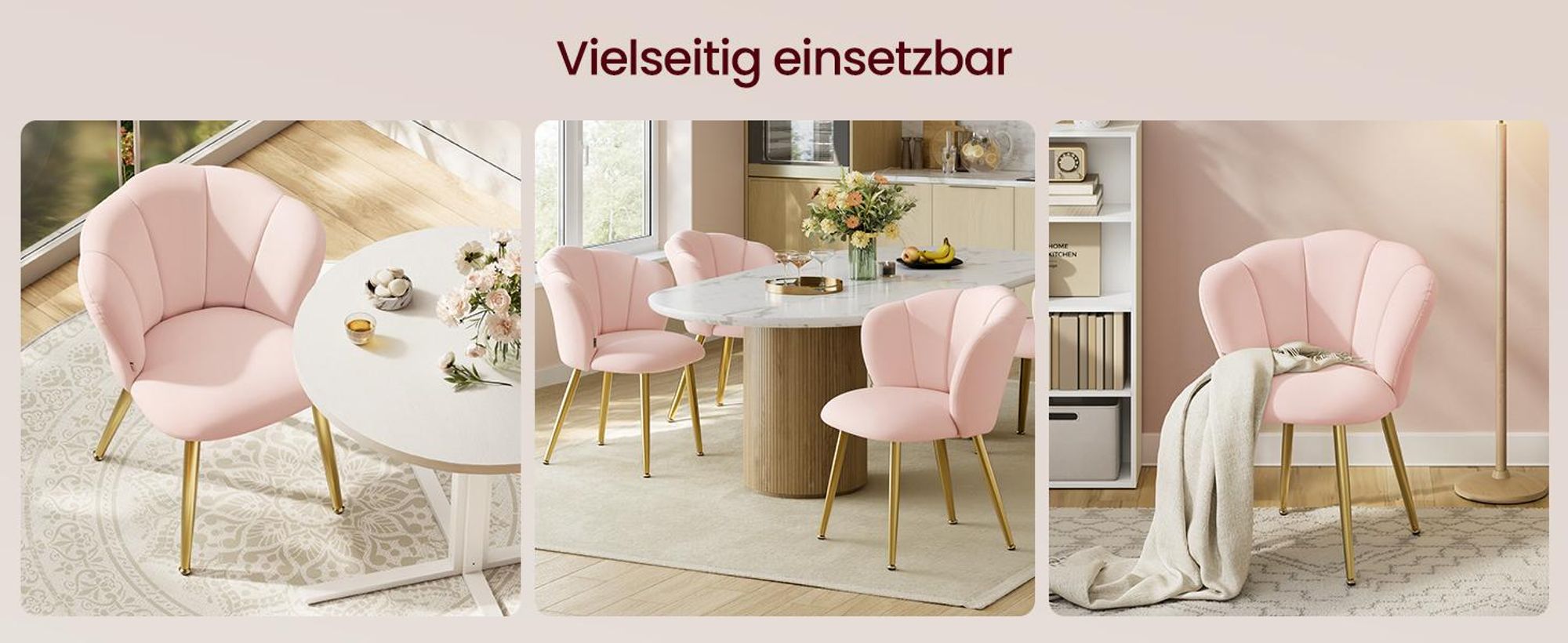 VASAGLE Esszimmerstuhl Schminktisch Sessel aus Samt mit Blütenblatt-Rückenlehne 62,5 x 60 x 80 cm Rosa