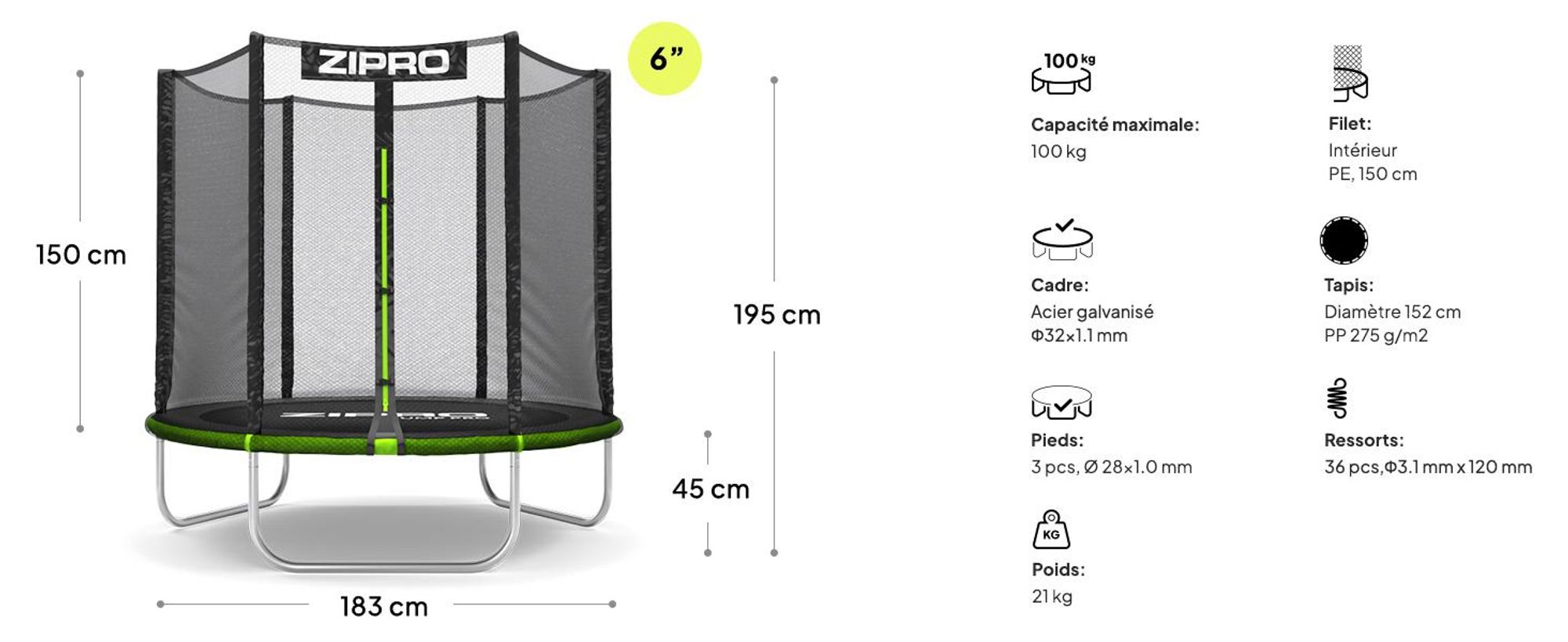 Trampoline ZIPRO Jump Pro Out | 6 pieds (Ø 183 cm) | Trampoline de jardin pour enfants, kit complet comprenant un filet de sécurité, une housse de protection, pour l'extérieur, vert