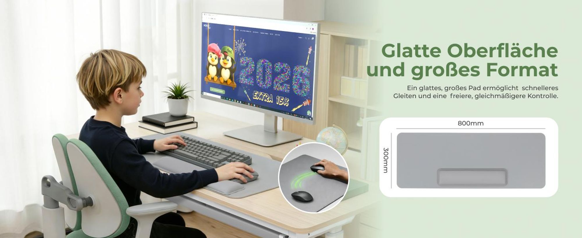 Tappetino per scrivania HOKO, dimensioni 80x30 cm, con poggiapolsi magnetico – resistente all'acqua e antiscivolo, ideale per ufficio, smart working e studio, colore grigio, modello LEO