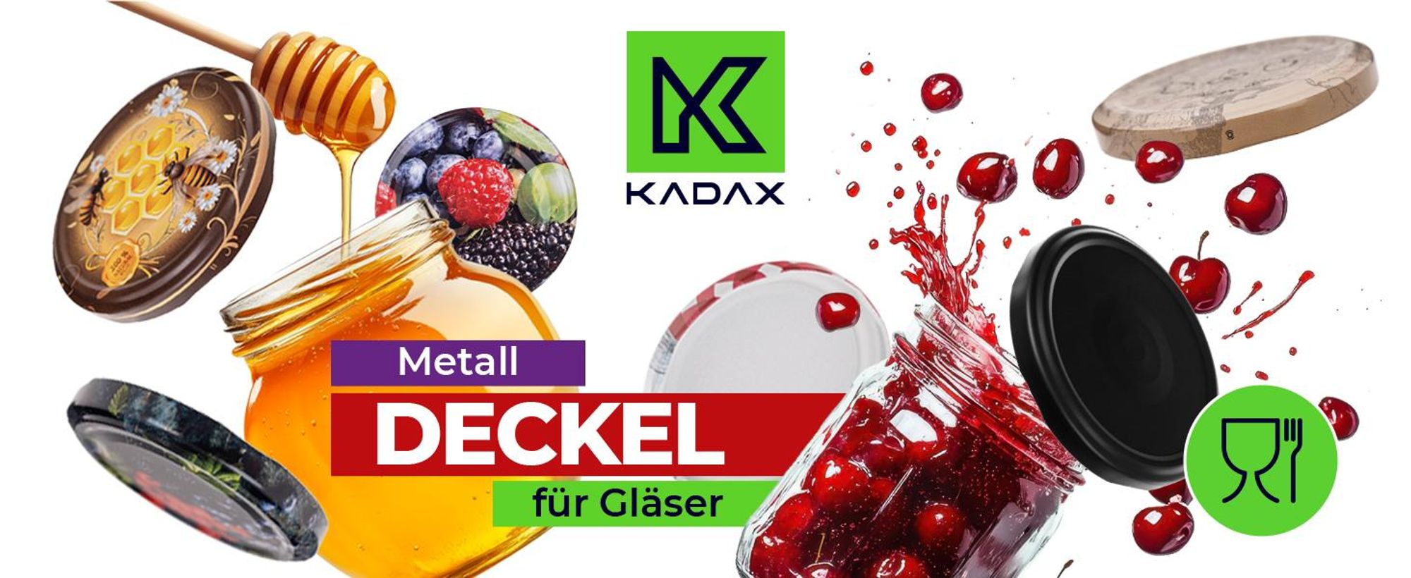 KADAX Einmach-Deckel Set aus Metall "Virbo", mit 6 Einrastzähnen, Rot kariert, 82 mm, 50 Stück