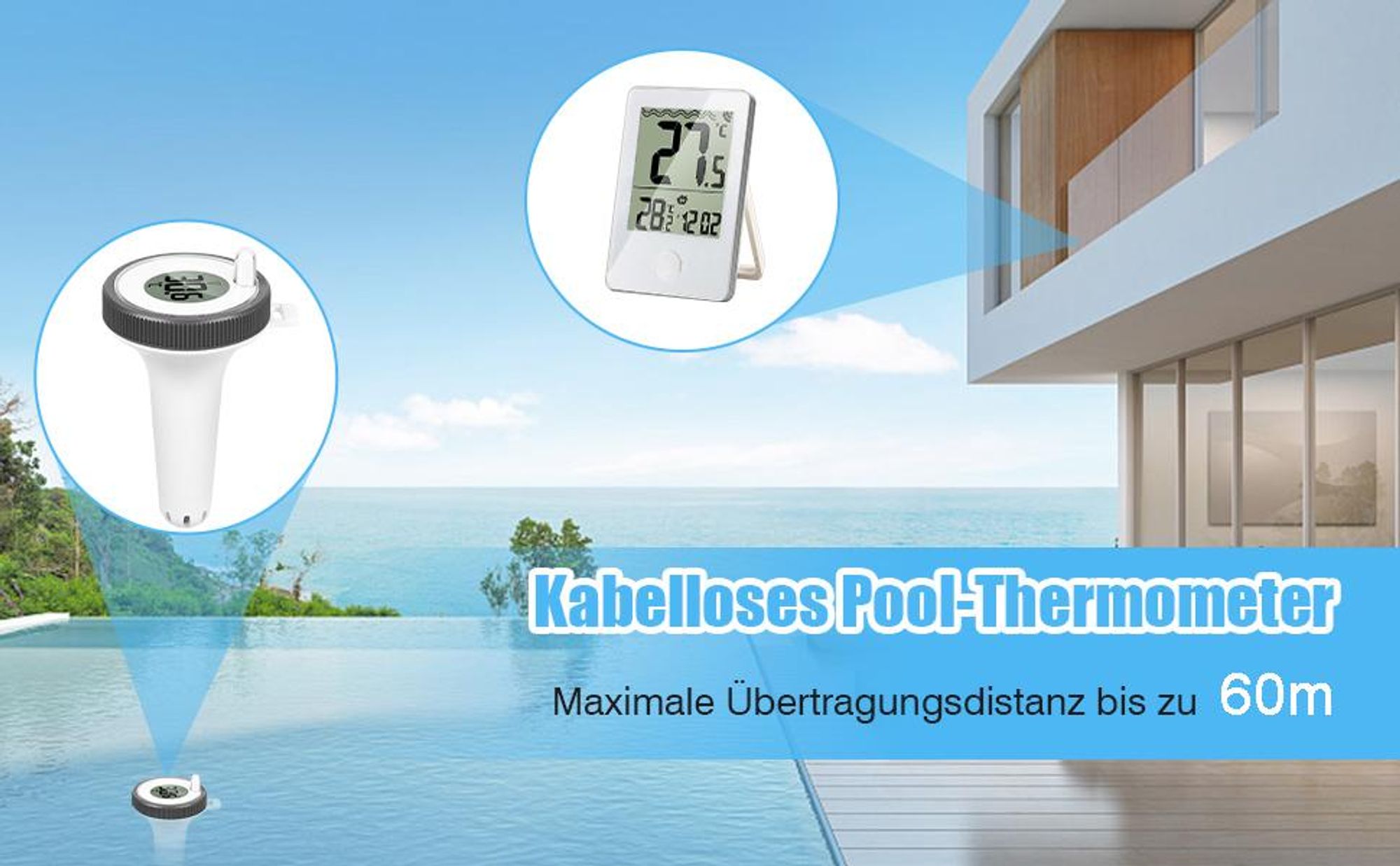 Poolthermometer, Schwimmendes Pool Thermometer, schwimmende, Funk-Empfänger, LCD, IP67 wasserdicht, mit Indoor-Temperatur Luftfeuchtigkeit Monitor