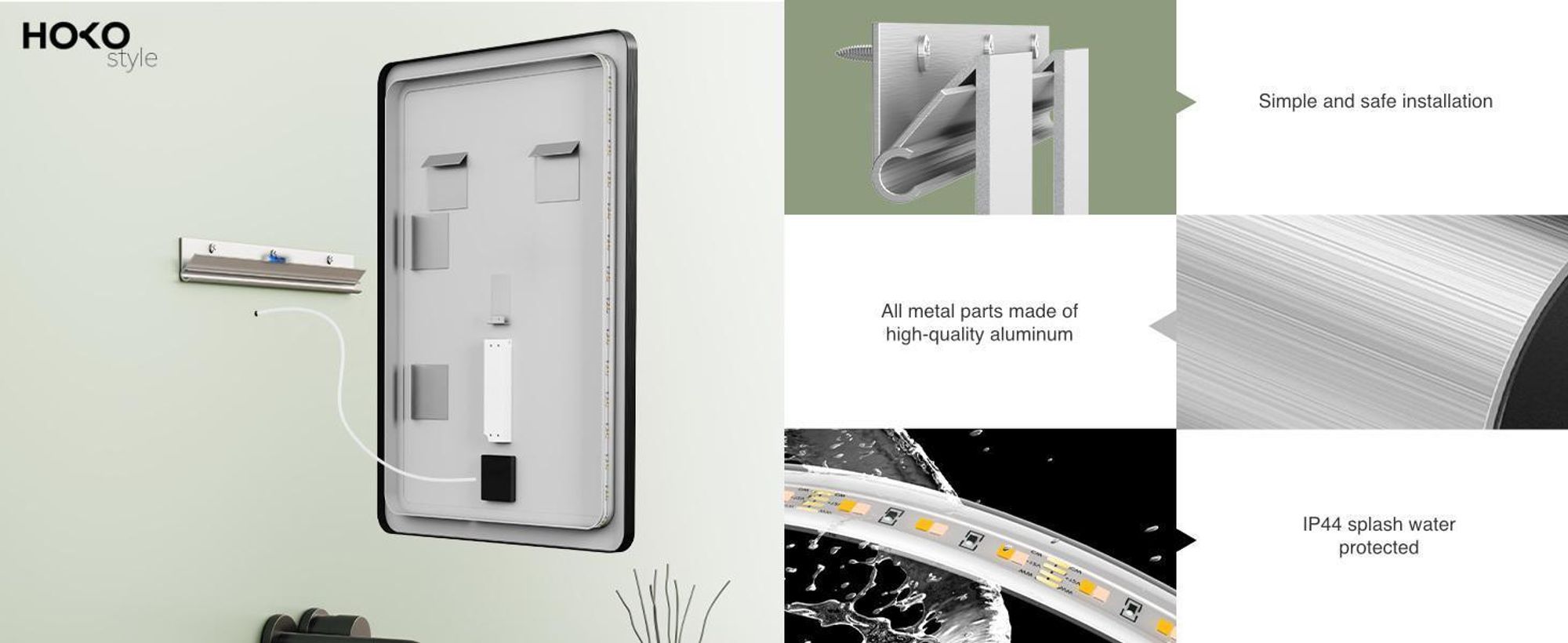 HOKO Miroir de salle de bain 60x80 cm avec cadre+interrupteur tactile+alternance de lumière blanc chaud/blanc froid/neutre avec interrupteur tactile et enclenchement par interrupteur mural