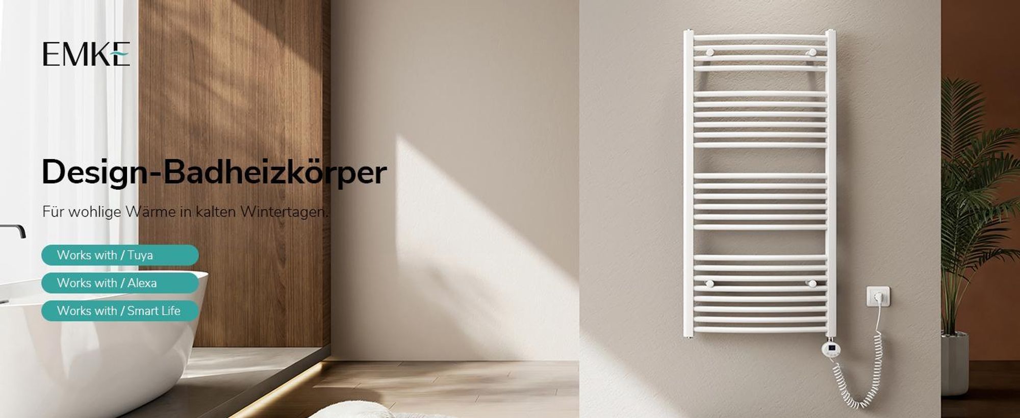 EMKE Badheizkörper Elektrisch gebogen Handtuchheizkörper 600W Wifi Steurung Intelligent Thermostat 120X60cm Weiß Handtuchwärmer